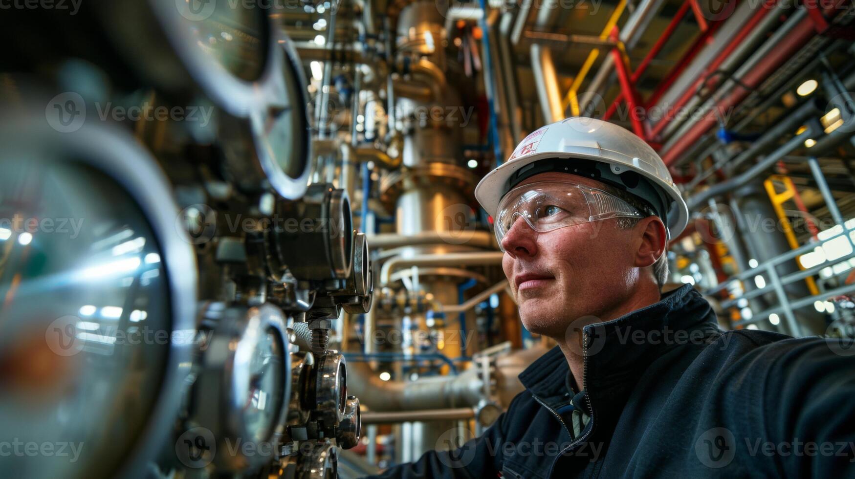 An engineer inspects precise instruments in an industrial plant, focusing on equipment monitoring while wearing safety gear. Bright colors from the machinery enhance the atmosphere of productivity. photo