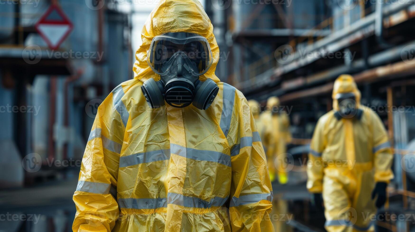 Groups of workers donning yellow protective suits and gas masks carry out safety procedures at an industrial complex, ensuring compliance with safety regulations in a hazardous environment. photo