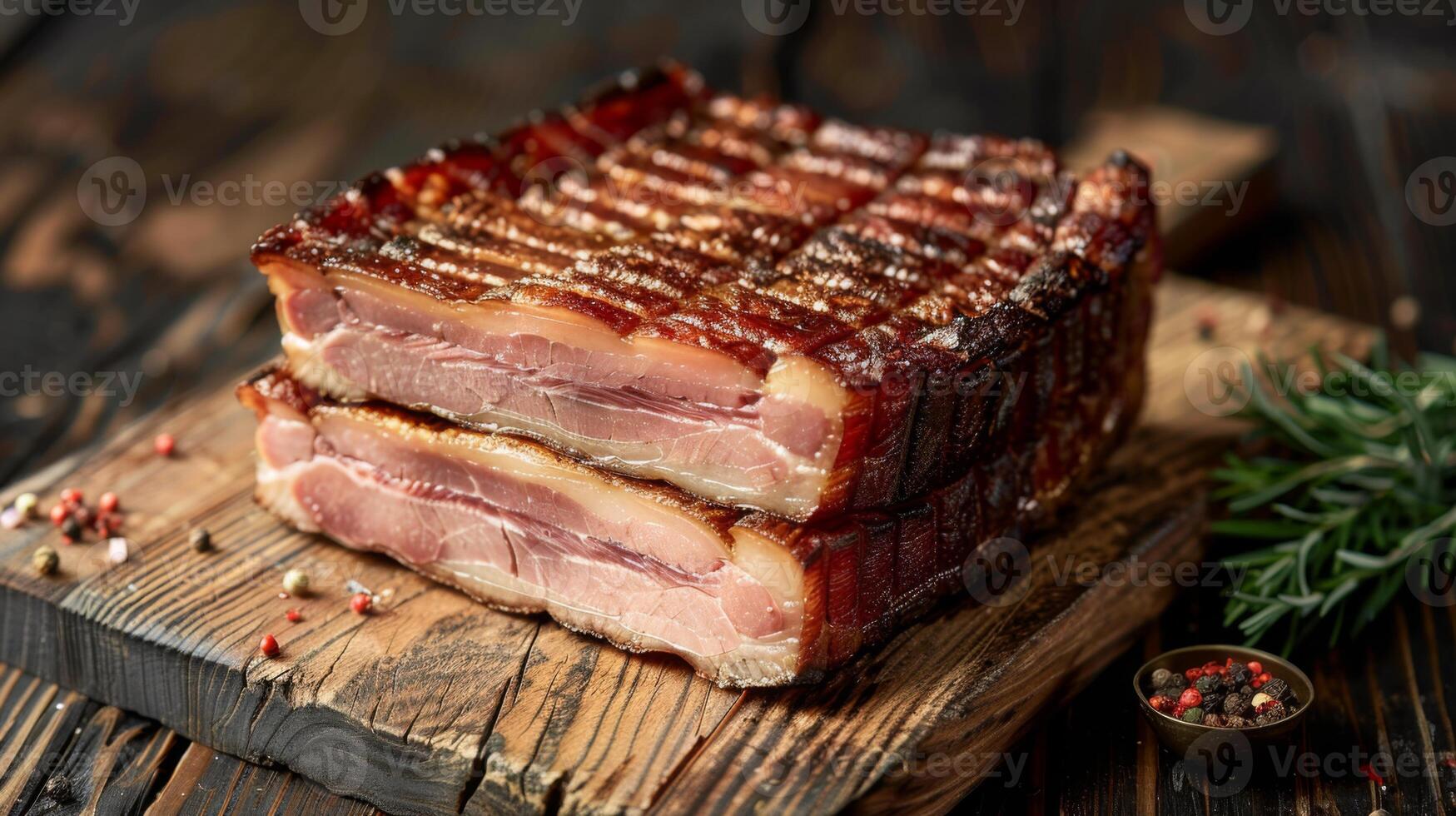 Crispy bacon strips stacked neatly on a weathered wooden board, showcasing their rich texture and flavor. Surrounding the bacon are assorted spices and fresh herbs. photo