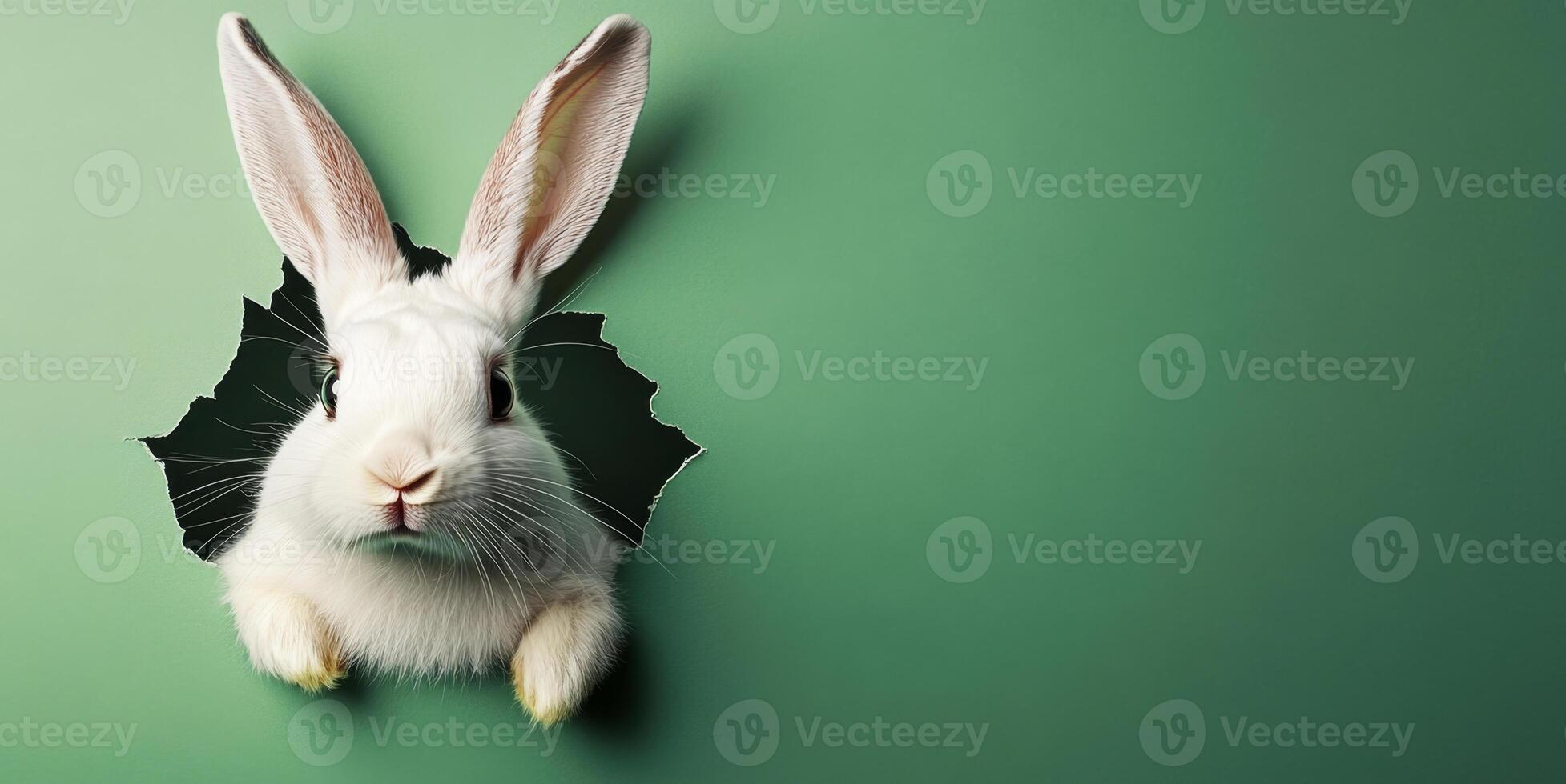 A cute white bunny with long ears is playfully emerging from a hole in a vibrant green background. Its inquisitive expression captures the joy of Easter celebrations and springtime. photo