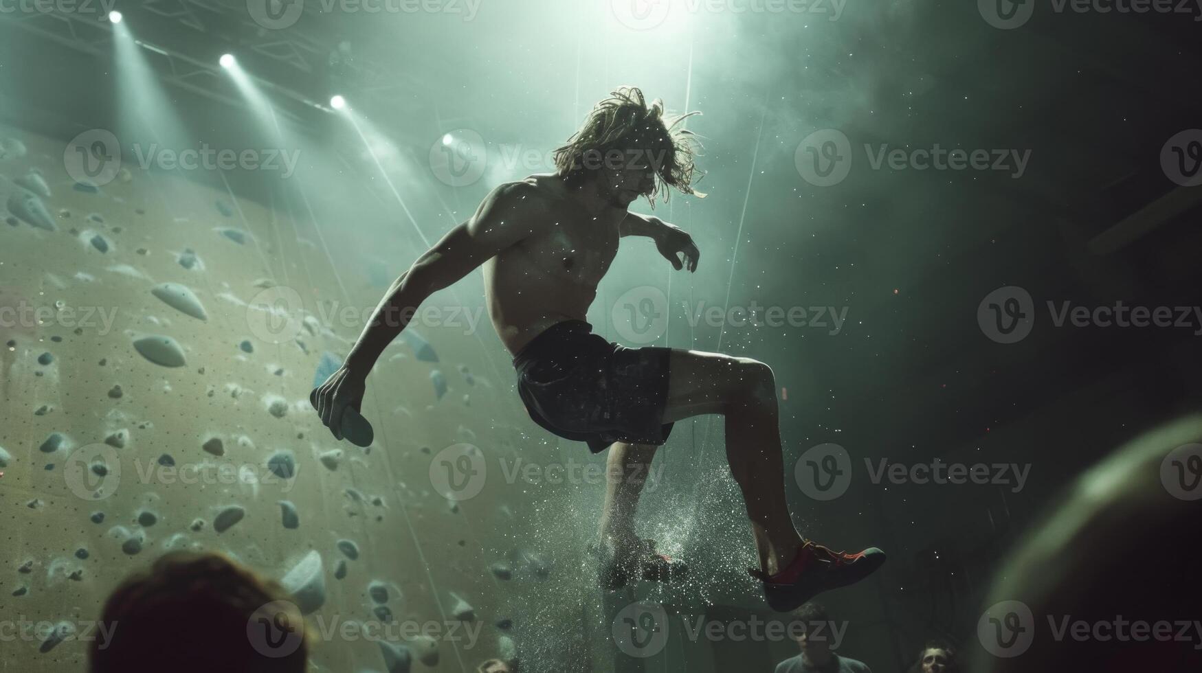 A bouldering athlete leaps high into the air, creating a splash in a shallow pool of water, captivating the audience in a lively indoor climbing competition event. photo
