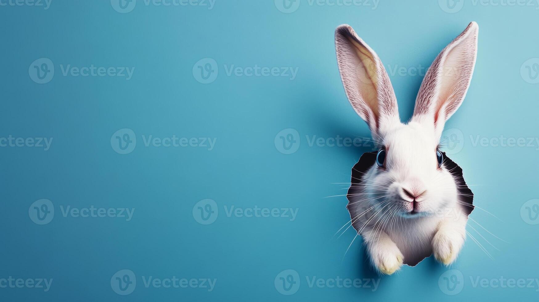 A cheerful bunny with long ears playfully peeks through a torn section of a bright blue wall. This playful sight adds to the joyful vibe of the Easter celebration, inviting delight and surprise. photo