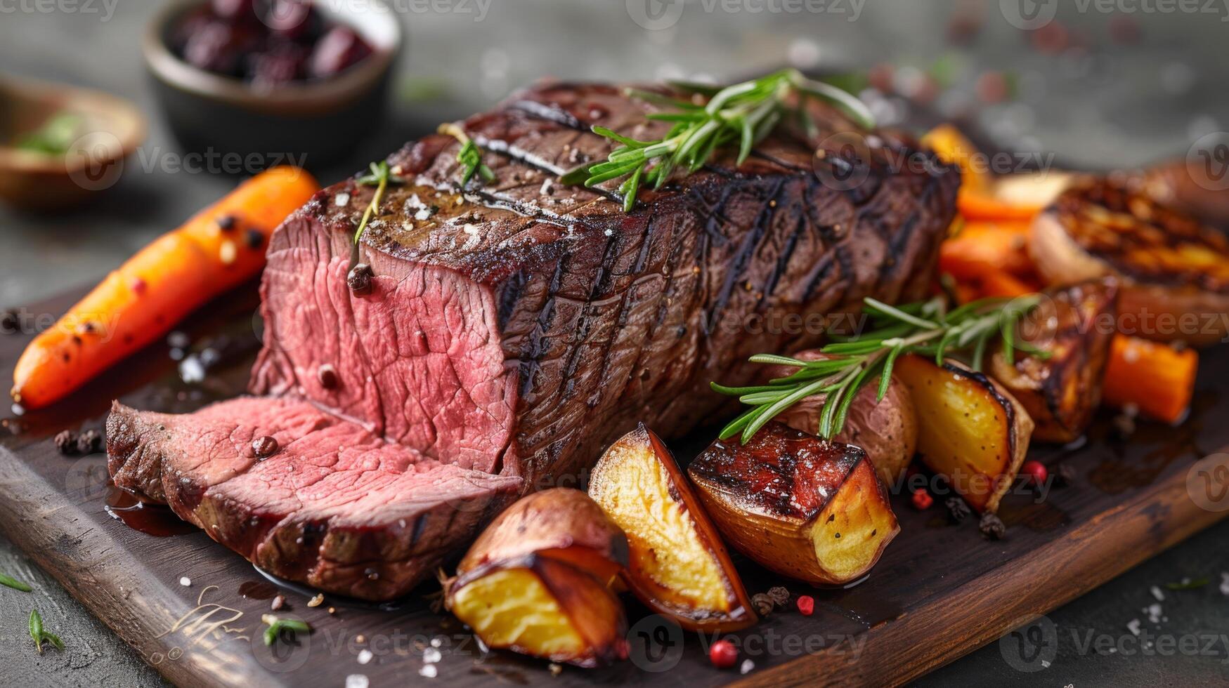 A beautifully cooked beef tenderloin sits on a wooden board, surrounded by roasted carrots and potatoes, garnished with rosemary and spices, showcasing a warm, inviting dinner atmosphere. photo