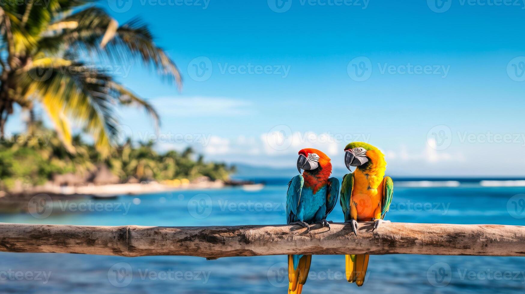 Two vibrant macaws sit close together on a wooden perch near the ocean. Lush tropical surroundings and a clear blue sky setting create a perfect vacation atmosphere by the sea. photo