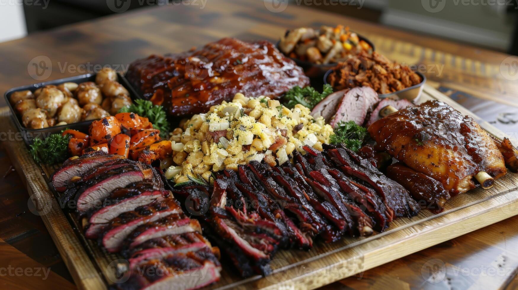 A large wooden platter displays an assortment of grilled meats including brisket, ribs, and chicken, accompanied by seasoned vegetables and sides, perfect for a summer celebration. photo
