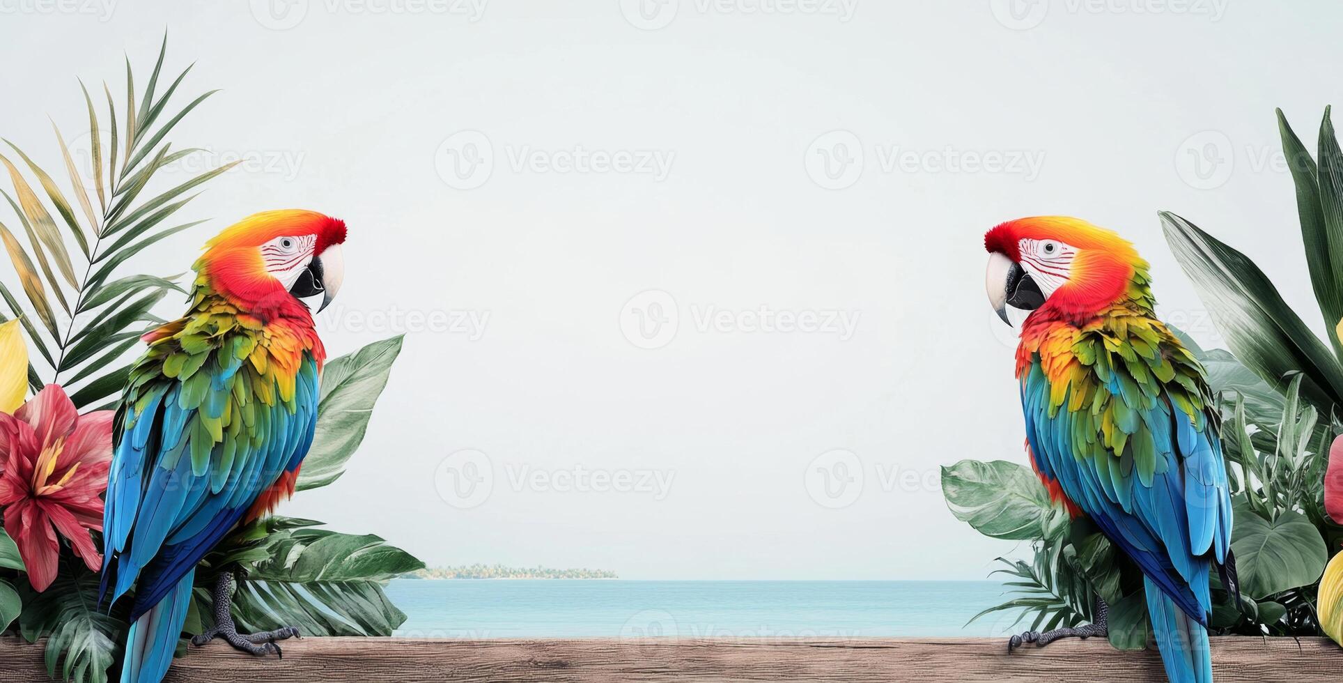 Two vibrant macaws sit on a wooden railing overlooking the serene tropical ocean. Lush green leaves and colorful flowers frame the scene, creating a perfect vacation setting. photo