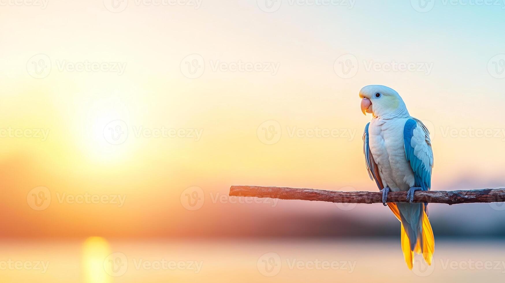 A vibrant macaw sits on a branch, showcasing its bright feathers as the sun sets in a tropical paradise. The tranquil atmosphere creates a perfect setting for relaxation and vacation vibes. photo