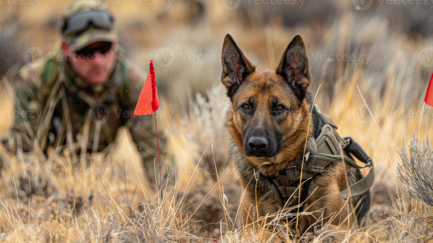 A trained military dog is focused and alert while wearing a tactical vest. Its handler is nearby, engaged in detection training among tall grass and small flags, showcasing teamwork. photo