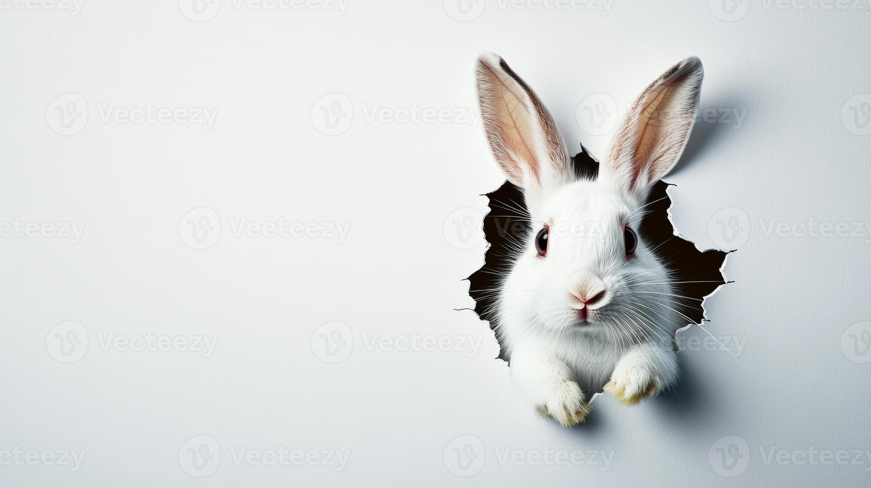 A white bunny with long ears is curiously peeking through a torn hole in a white wall. Its attentive expression brings a cheerful vibe, perfect for springtime and Easter festivities. photo