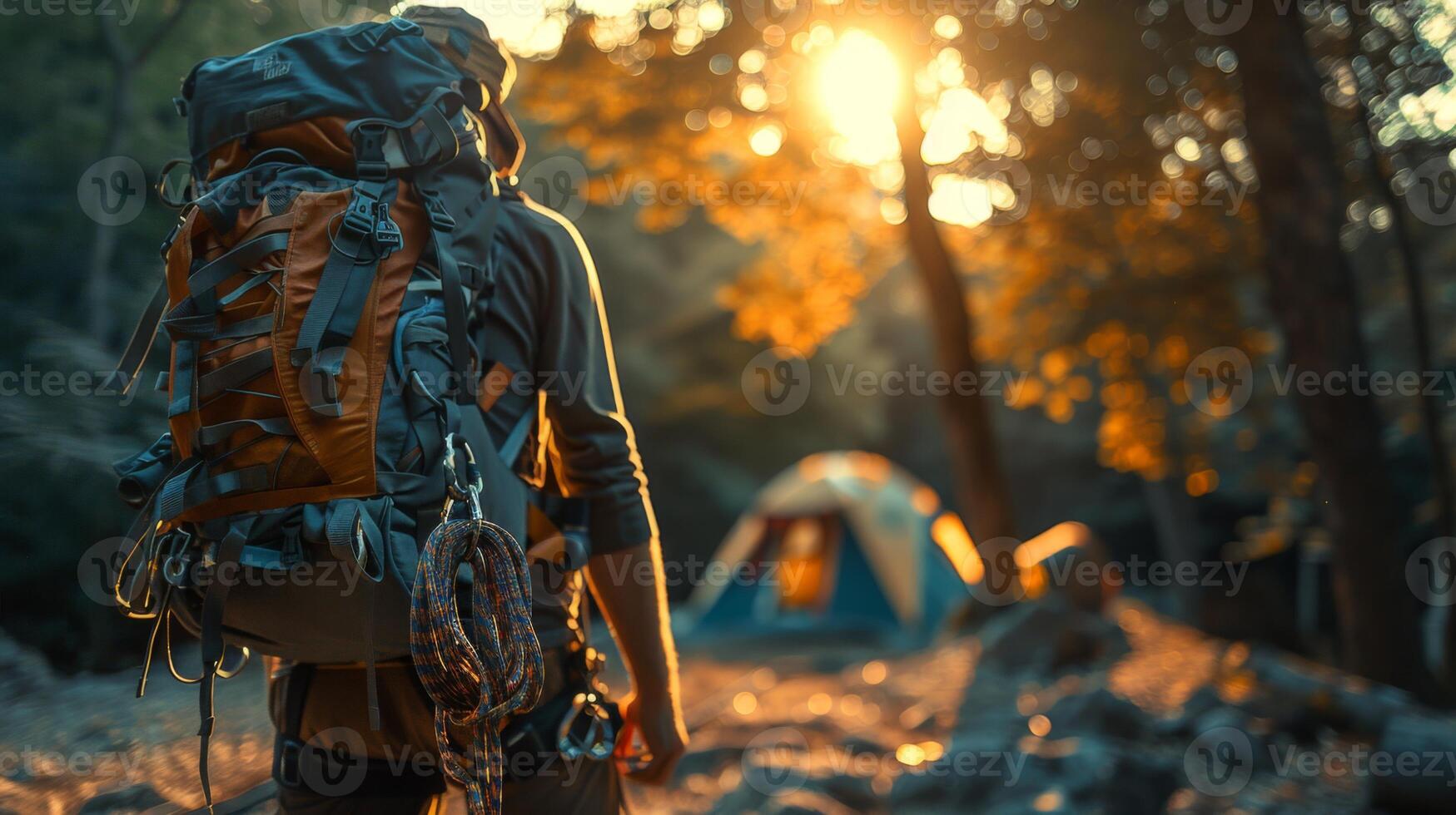 A person with a large backpack walks on a rocky path towards a campsite, where a tent is set up amid lush trees during a beautiful sunset. photo