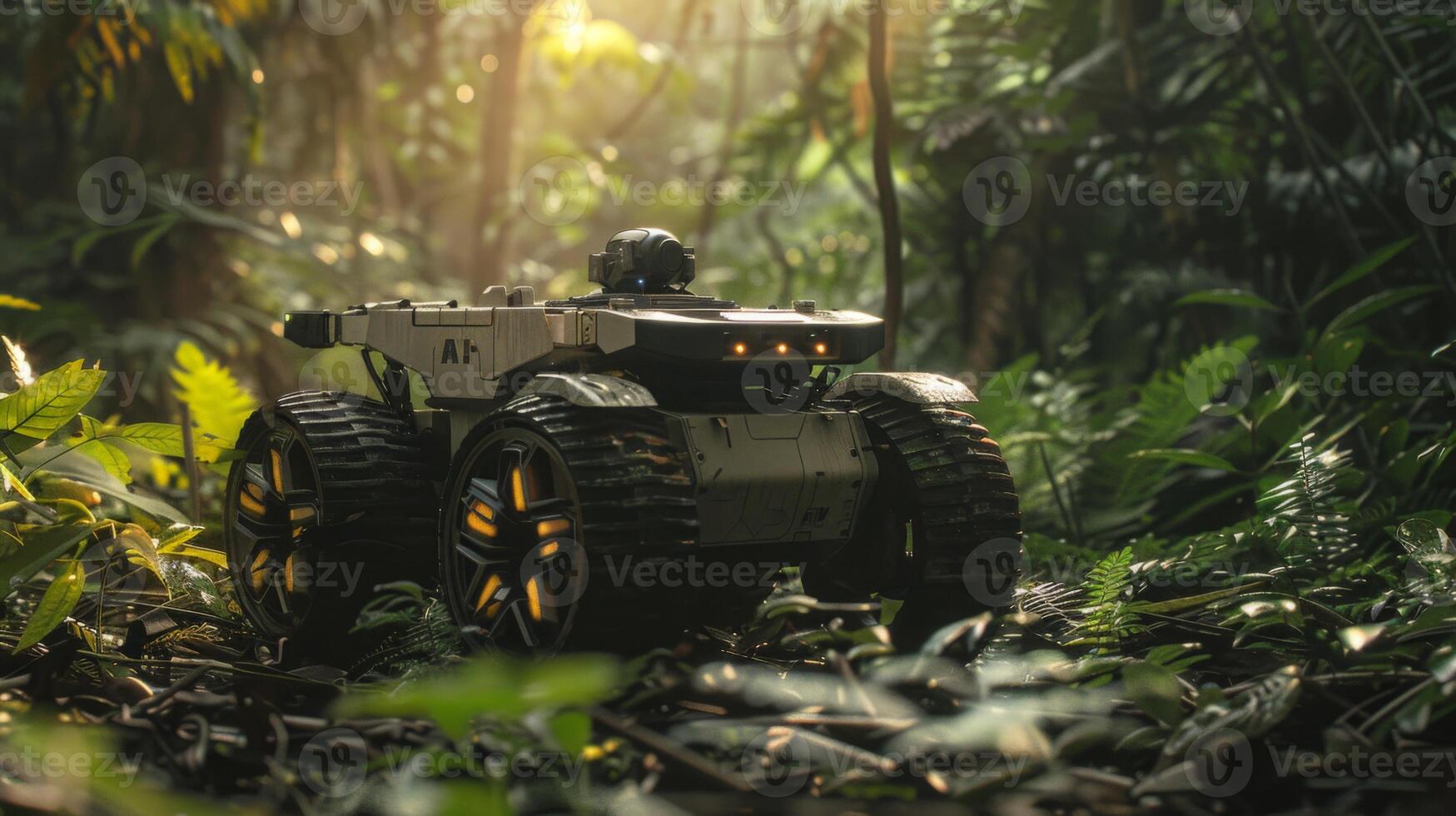 Remote controlled rover explores a lush tropical jungle, surrounded by vibrant green foliage and illuminated by soft golden light, highlighting its innovative design and capabilities. photo