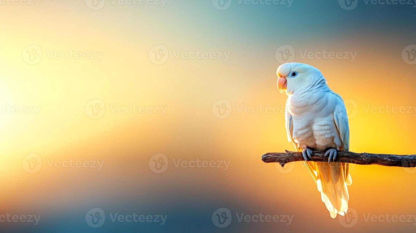 A vibrant macaw sits gracefully on a branch, showcasing its bright plumage, as the sun sets in a tropical paradise. The warm colors of the sky create a tranquil and inviting atmosphere. photo