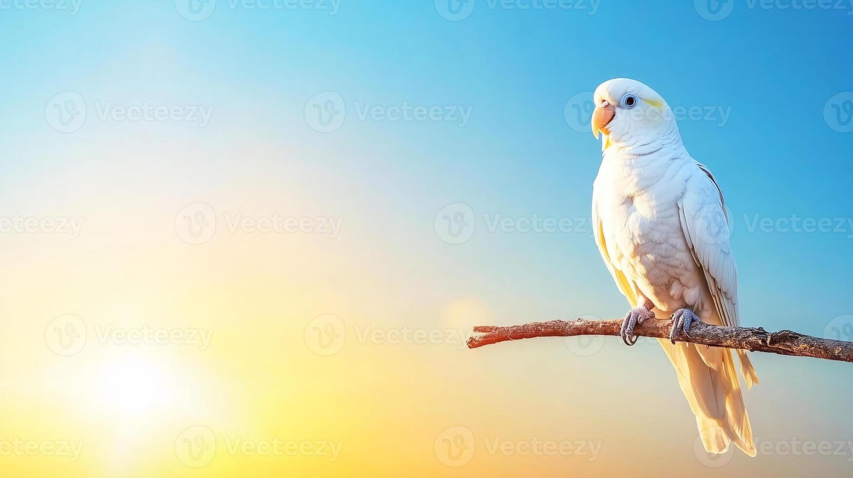 A vibrant macaw sits gracefully on a branch, surrounded by the lush greenery of the tropics. The sun sets in the background, painting the sky with warm hues of orange and blue. photo
