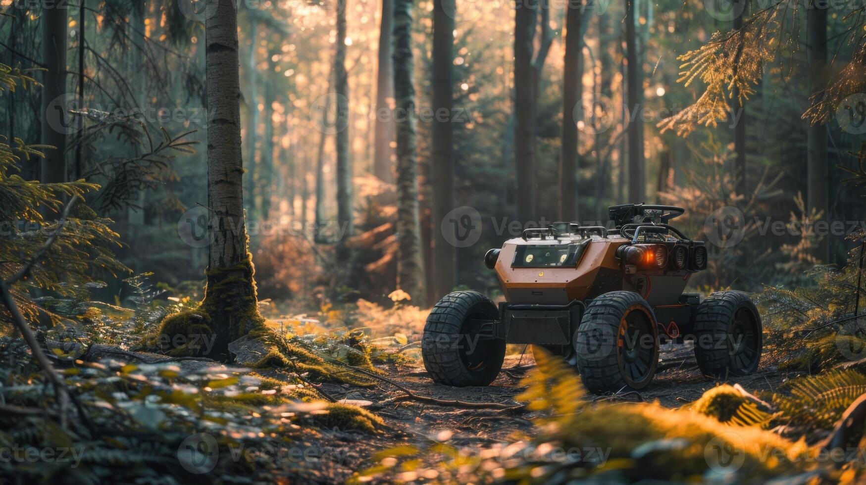 A robotic vehicle navigates through a vibrant forest on a sunny afternoon. The area is rich with tall trees, thick vegetation, and dappled sunlight highlighting the terrain's features. photo