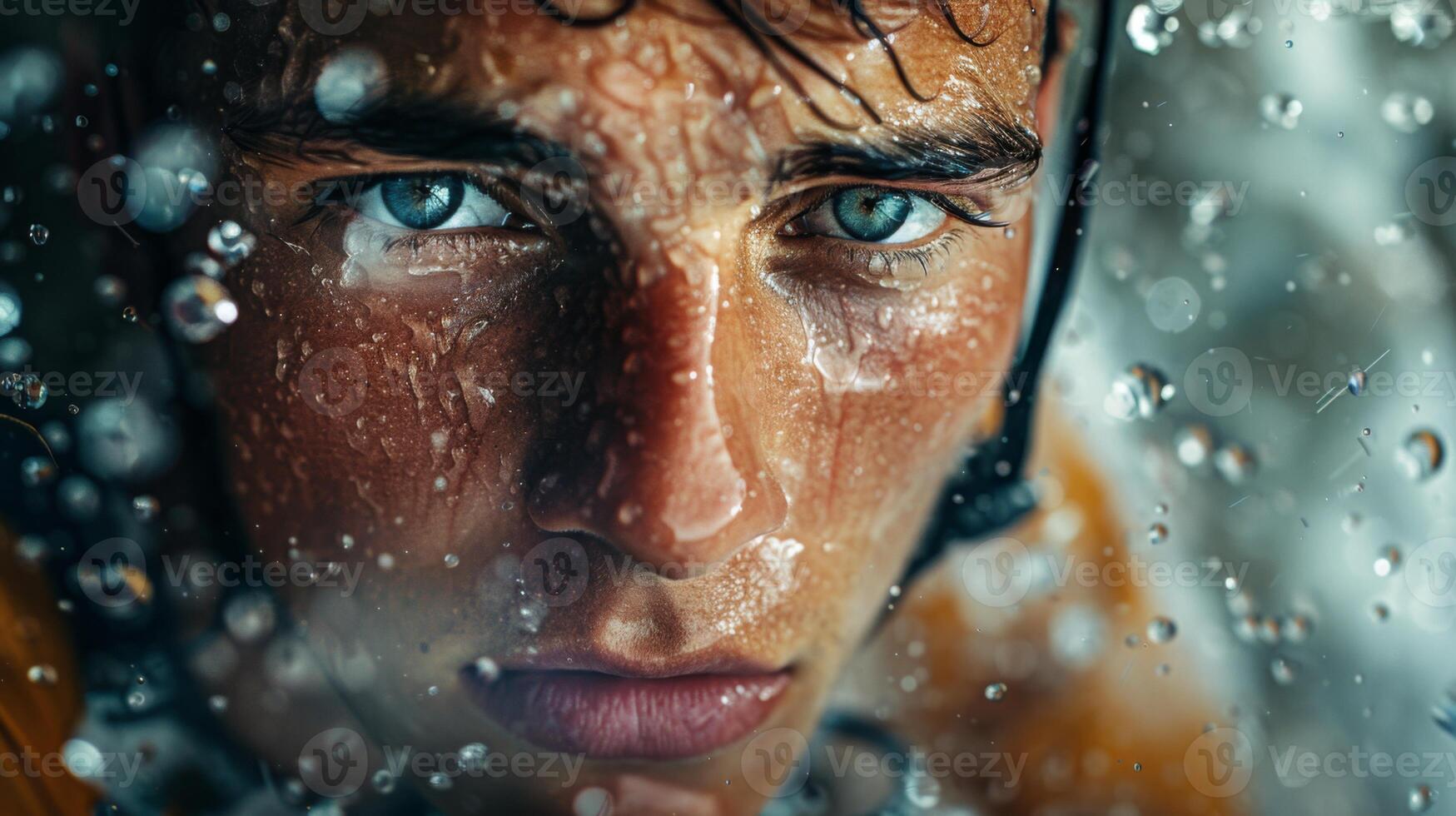A young man with bright blue eyes is submerged in water, droplets glistening on his skin, expressing a mix of vulnerability and strength during an intense moment photo