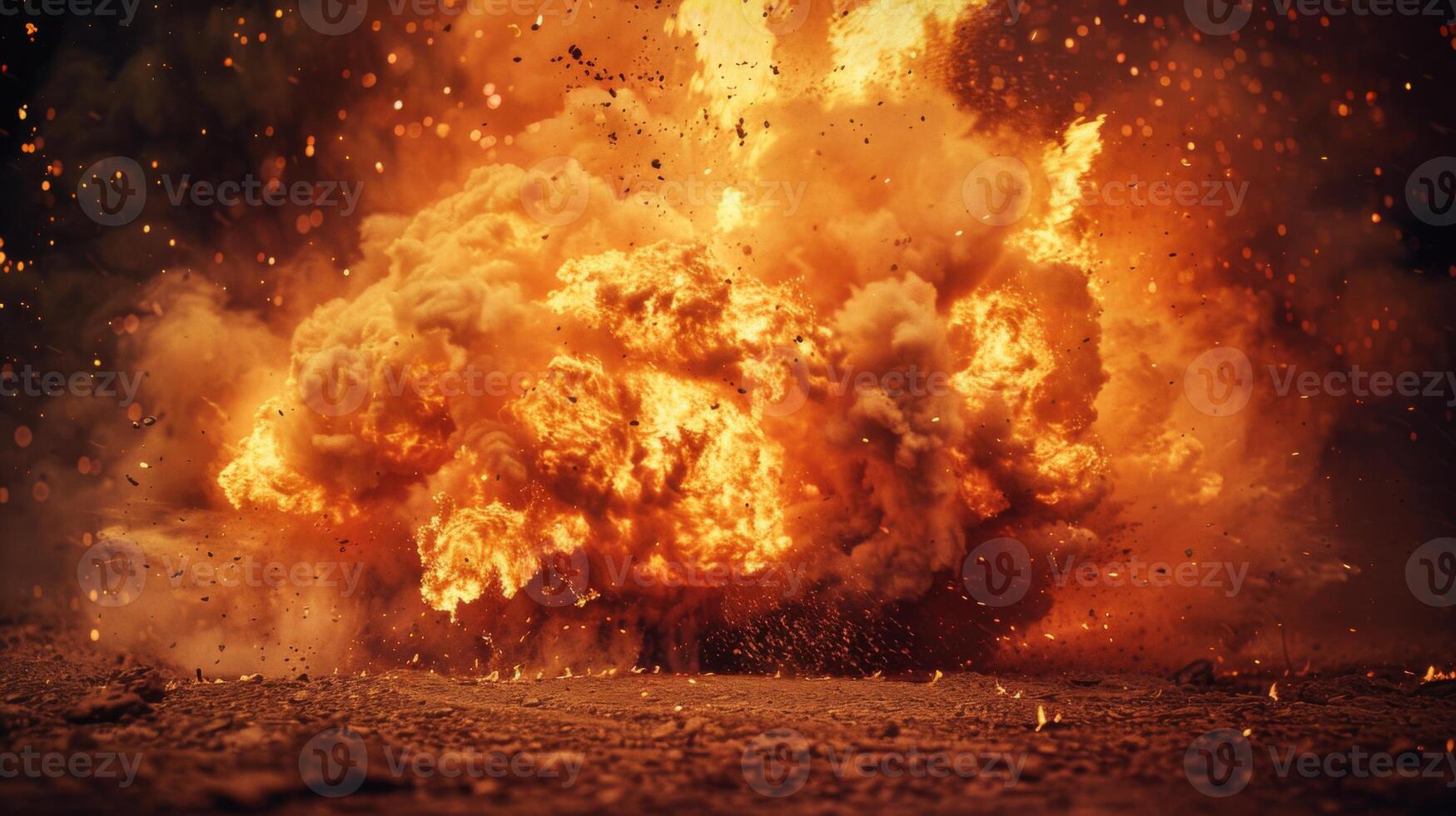 A massive explosion generates a huge fireball filled with bright flames and flying debris in a controlled training environment, showcasing the intensity of a simulated detonation during the daytime. photo