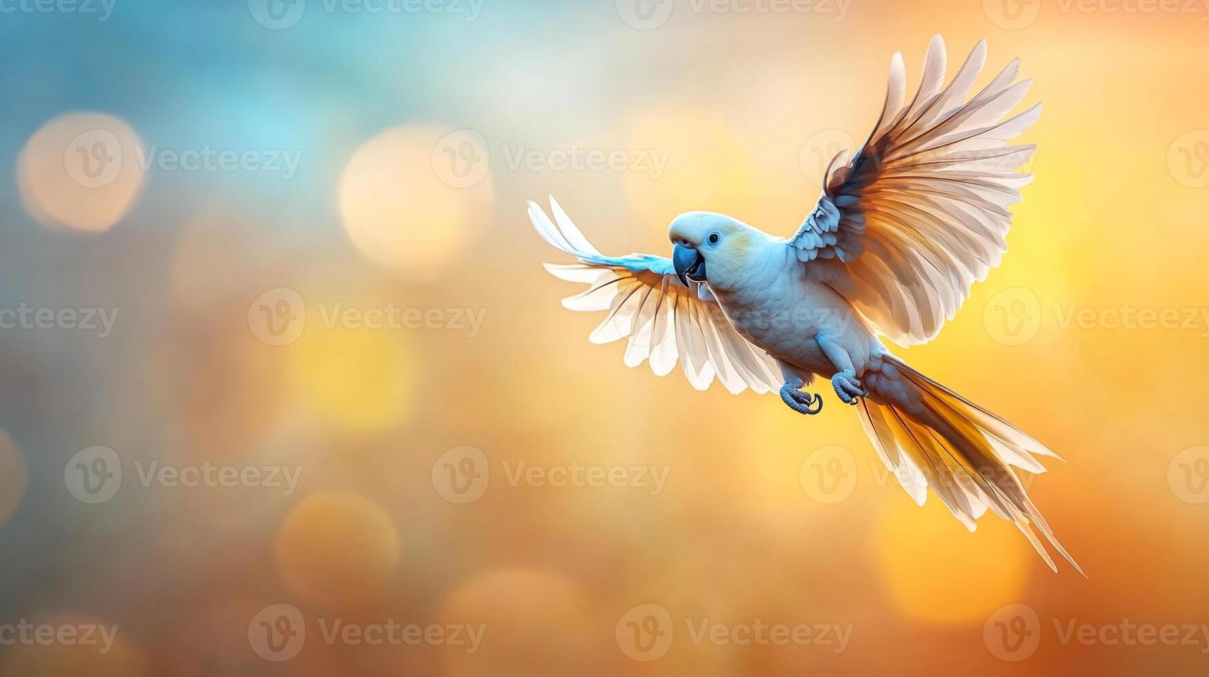 A brilliant macaw takes flight against a warm tropical backdrop. The bird's vivid feathers shine as it glides gracefully, embodying the spirit of a relaxing vacation in a tropical paradise. photo