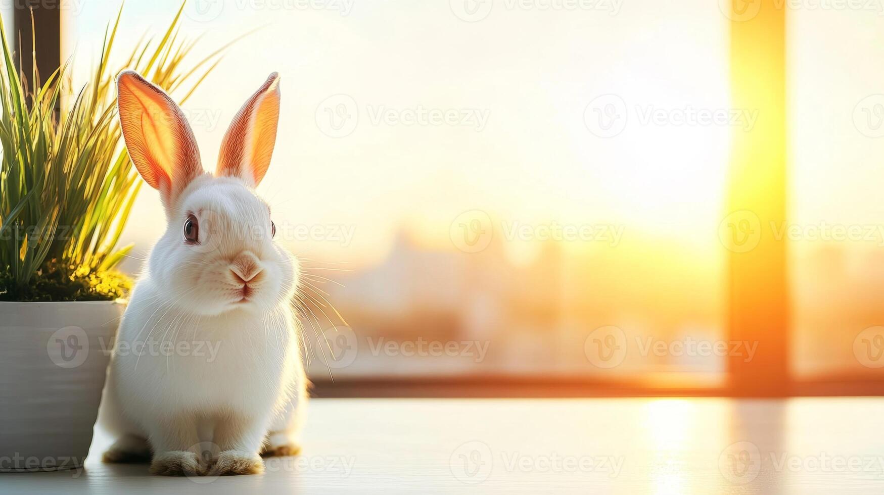 A charming bunny enjoys a peaceful moment beside a vibrant pot of grass as sunlight streams through a window. The warm glow creates a delightful atmosphere for Easter celebrations. photo