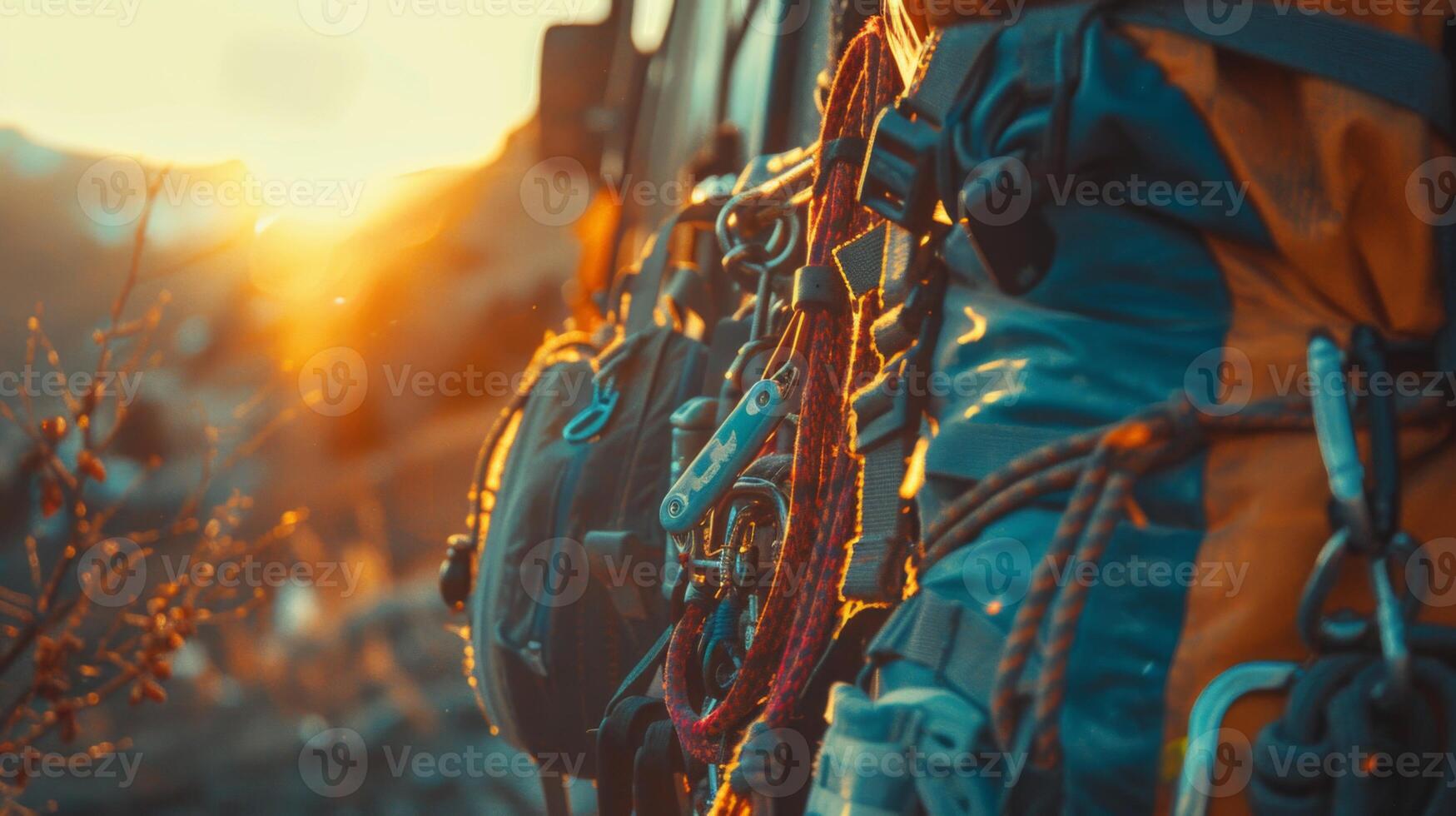A climber is seen organizing climbing equipment, including carabiners and ropes, against the backdrop of a stunning sunset illuminating the rugged terrain. photo