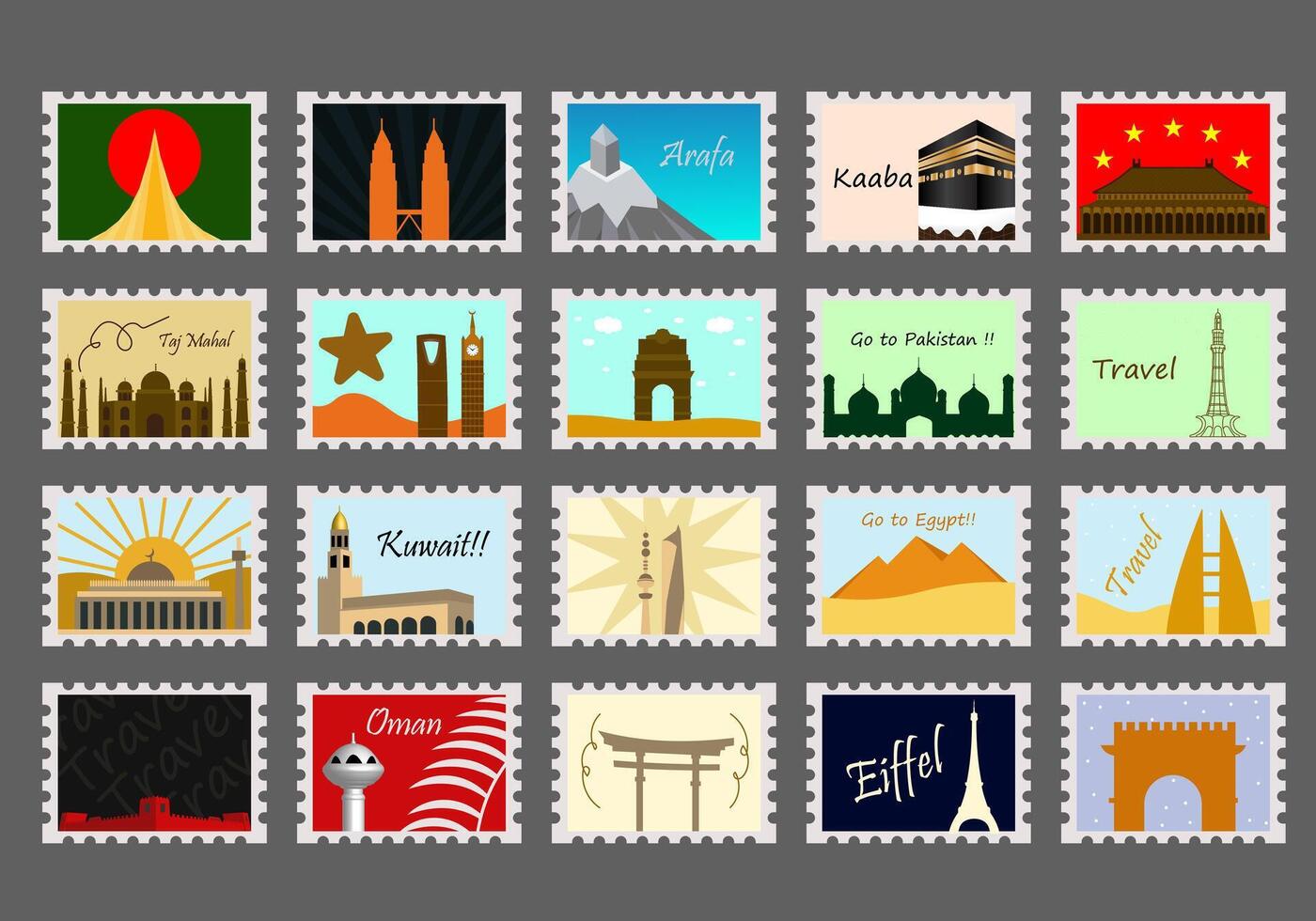 Set of Travel post card stamp illustration. Landmarks postage sticker collection, Travel mail postmark vector