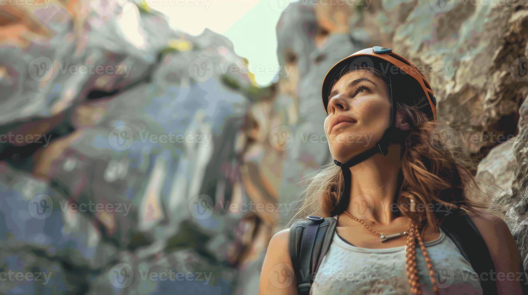 A woman wearing a helmet and backpack gazes upward among towering rock formations, showcasing her spirit of adventure and determination in a natural setting. photo
