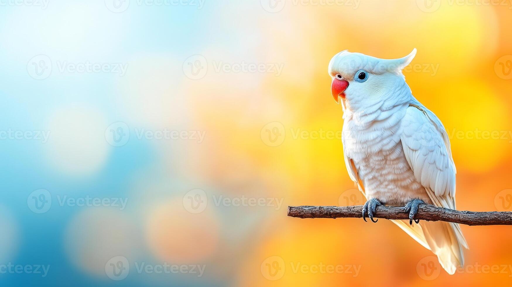 A colorful parrot sits gracefully on a branch with a blurred background of tropical colors. This charming scene evokes a warm vacation atmosphere, ideal for nature lovers. photo