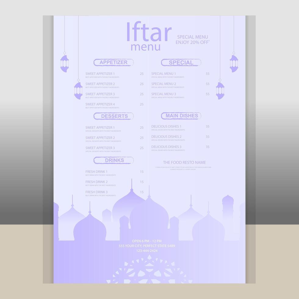 Ramadan iftar restaurant menu vector