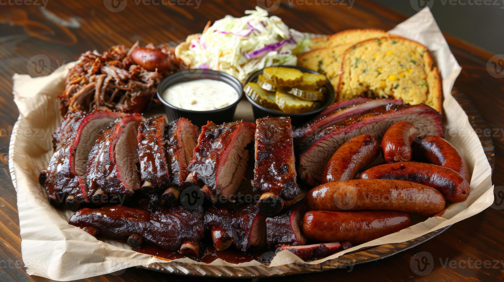A mouthwatering spread of barbecue meats including brisket, ribs, and sausages garnished with cole slaw, pickles, and cornbread, perfect for sharing with friends. photo