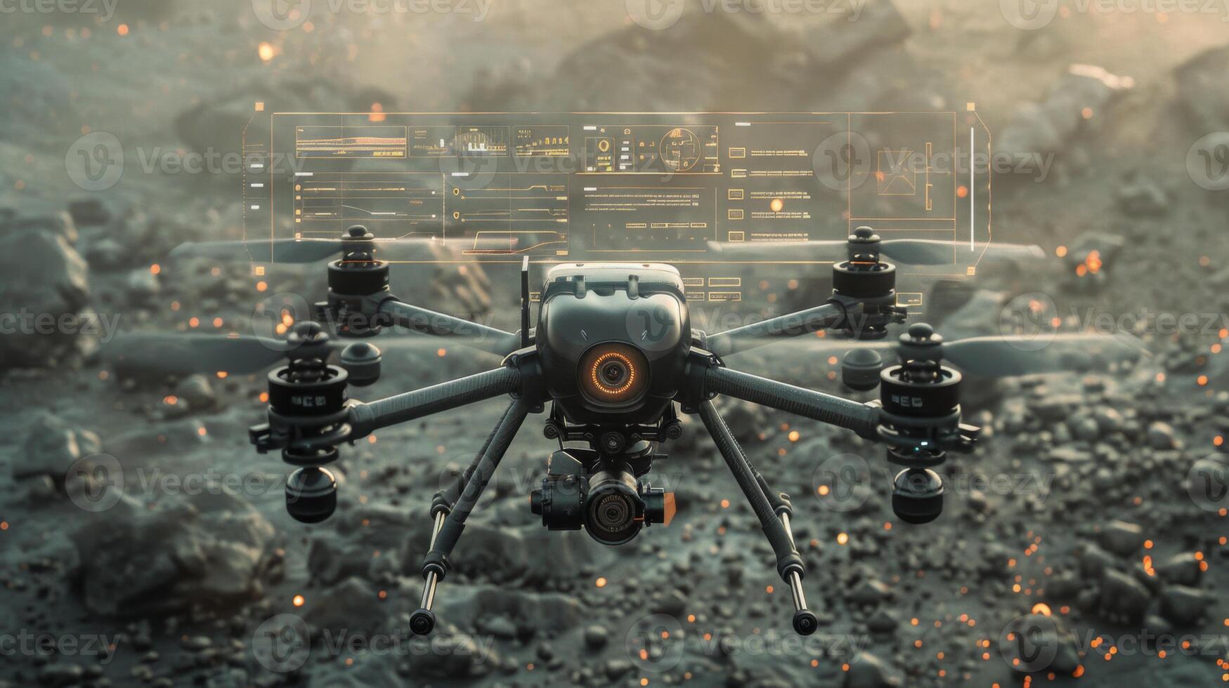 A drone hovers above a rugged landscape, showcasing its advanced capabilities through a transparent digital interface filled with real time data analytics and visual information. photo