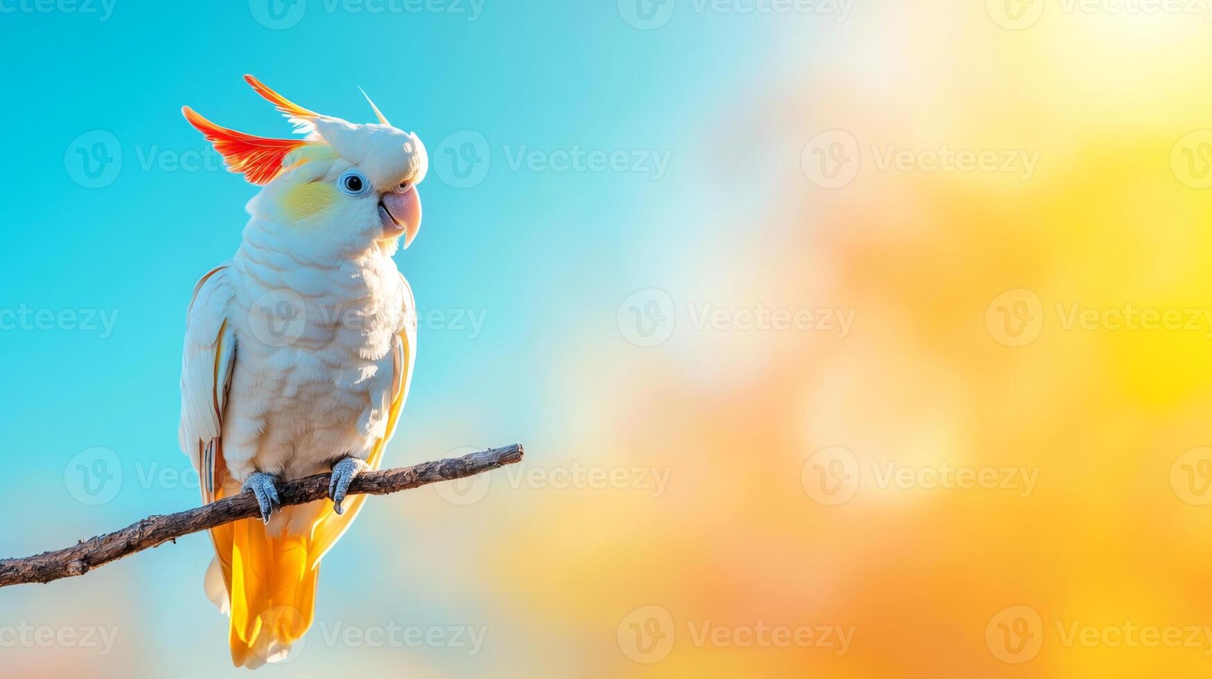 A vibrant macaw sits gracefully on a branch, surrounded by a bright tropical atmosphere. The blue sky and warm colors create a serene vacation backdrop, showcasing the beauty of nature. photo