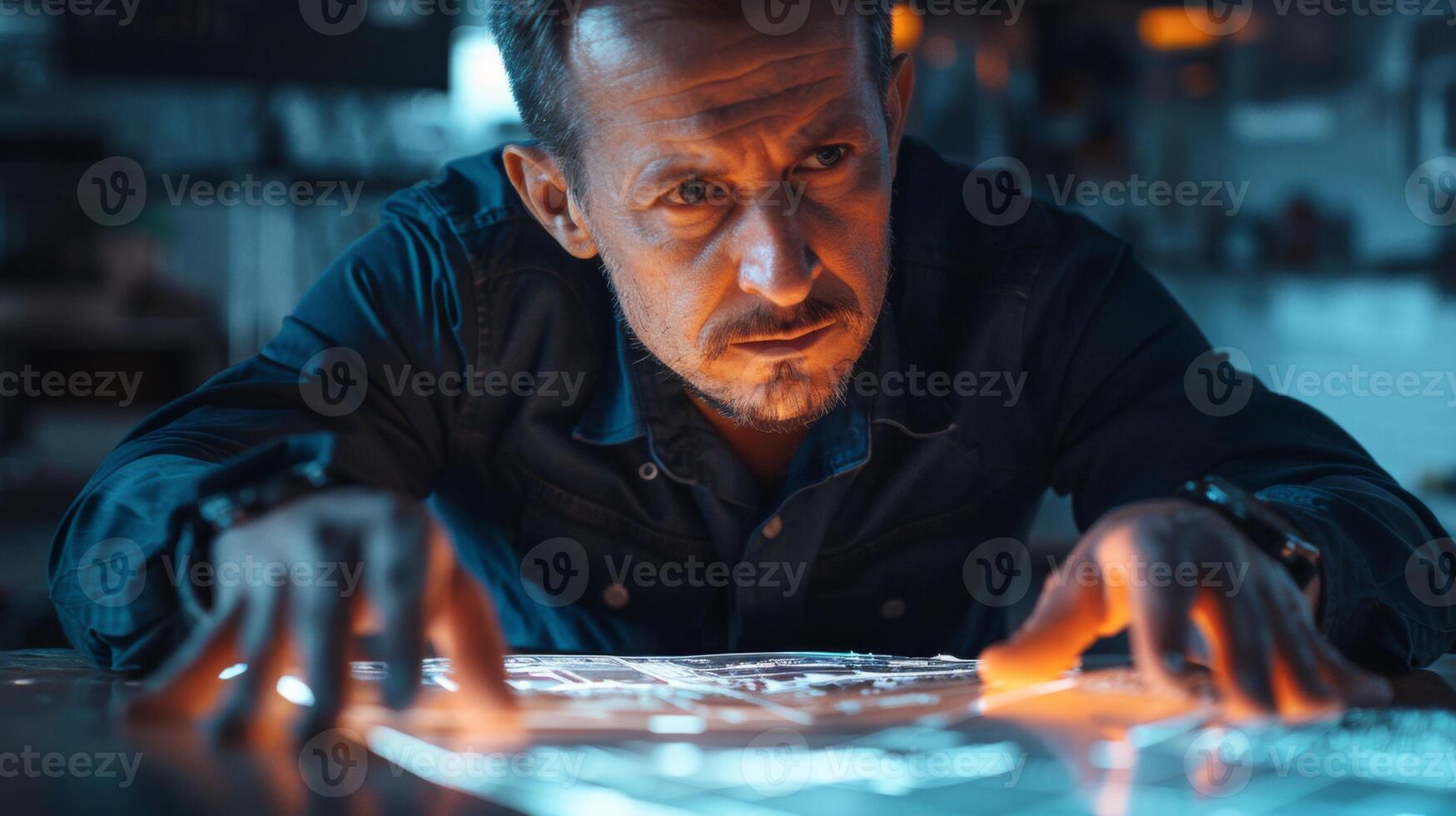 Focused man studies a glowing map on a surface, surrounded by a darkened environment filled with technology and details that suggest intense problem solving or exploration. photo