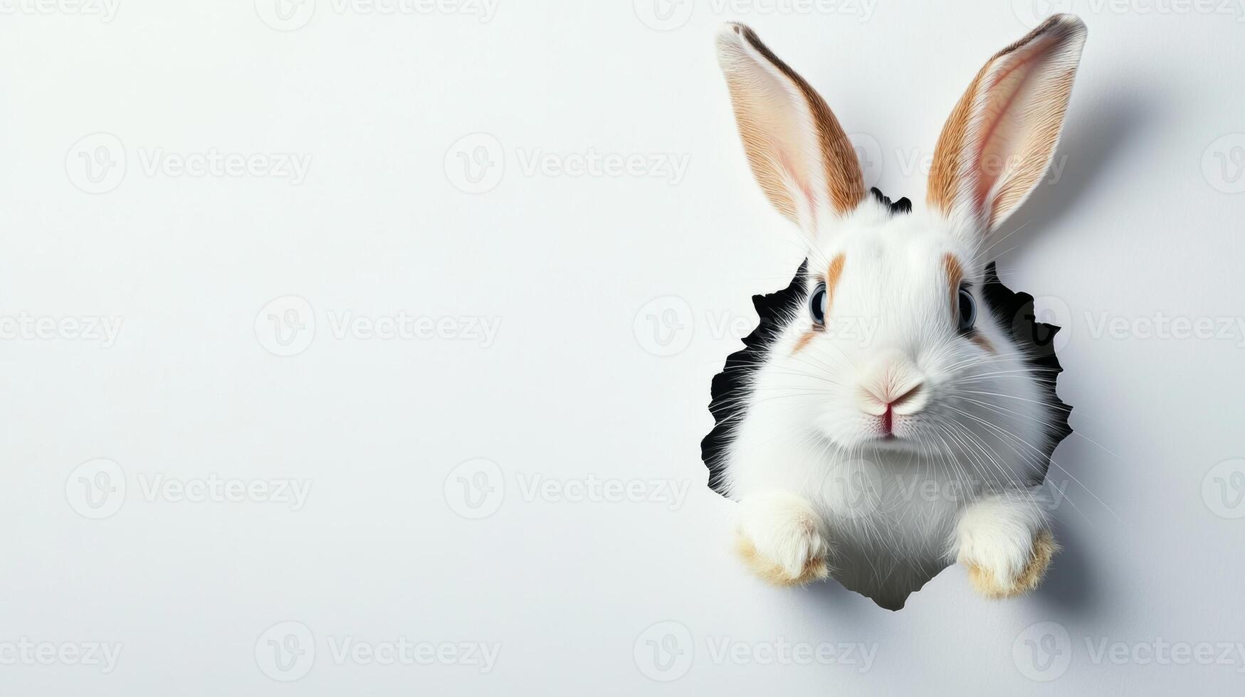 A cute bunny with black and white fur is peeking through a hole in a wall. Its large ears and bright eyes show curiosity, creating a playful connection to the Easter celebration. photo