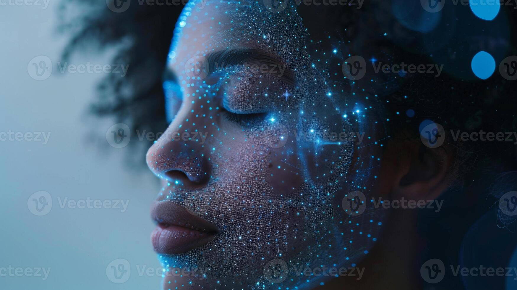A woman with closed eyes experiences a digital meditation session. Her face is illuminated with a network of blue dots symbolizing mental health and mindfulness through technology. photo