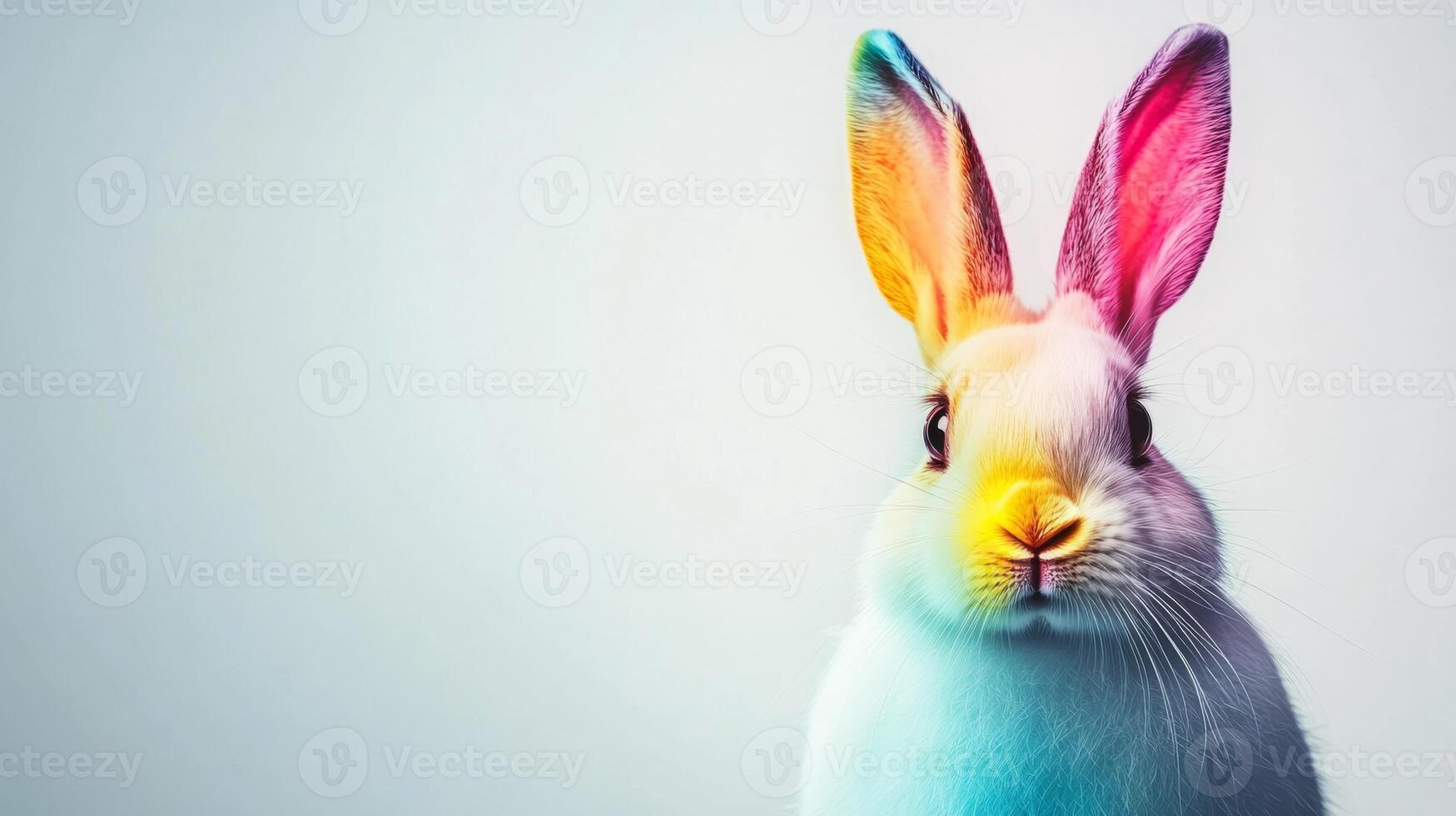A colorful bunny stands against a gray background, showcasing vibrant pink and orange ears. This delightful representation captures the essence of Easter joy and creativity in a playful manner. photo