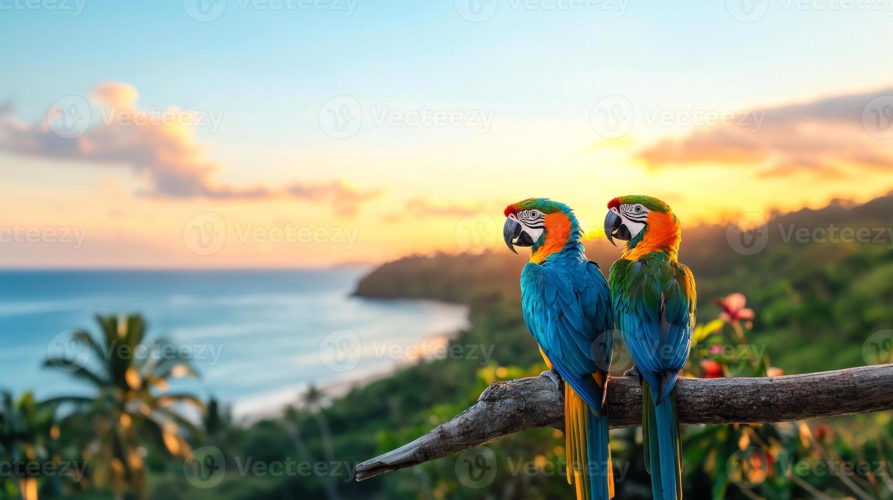 Two vibrant macaws perched on a branch catch the warm glow of a tropical sunset as they gaze towards the calm ocean. The peaceful scene captures a perfect vacation moment in paradise. photo