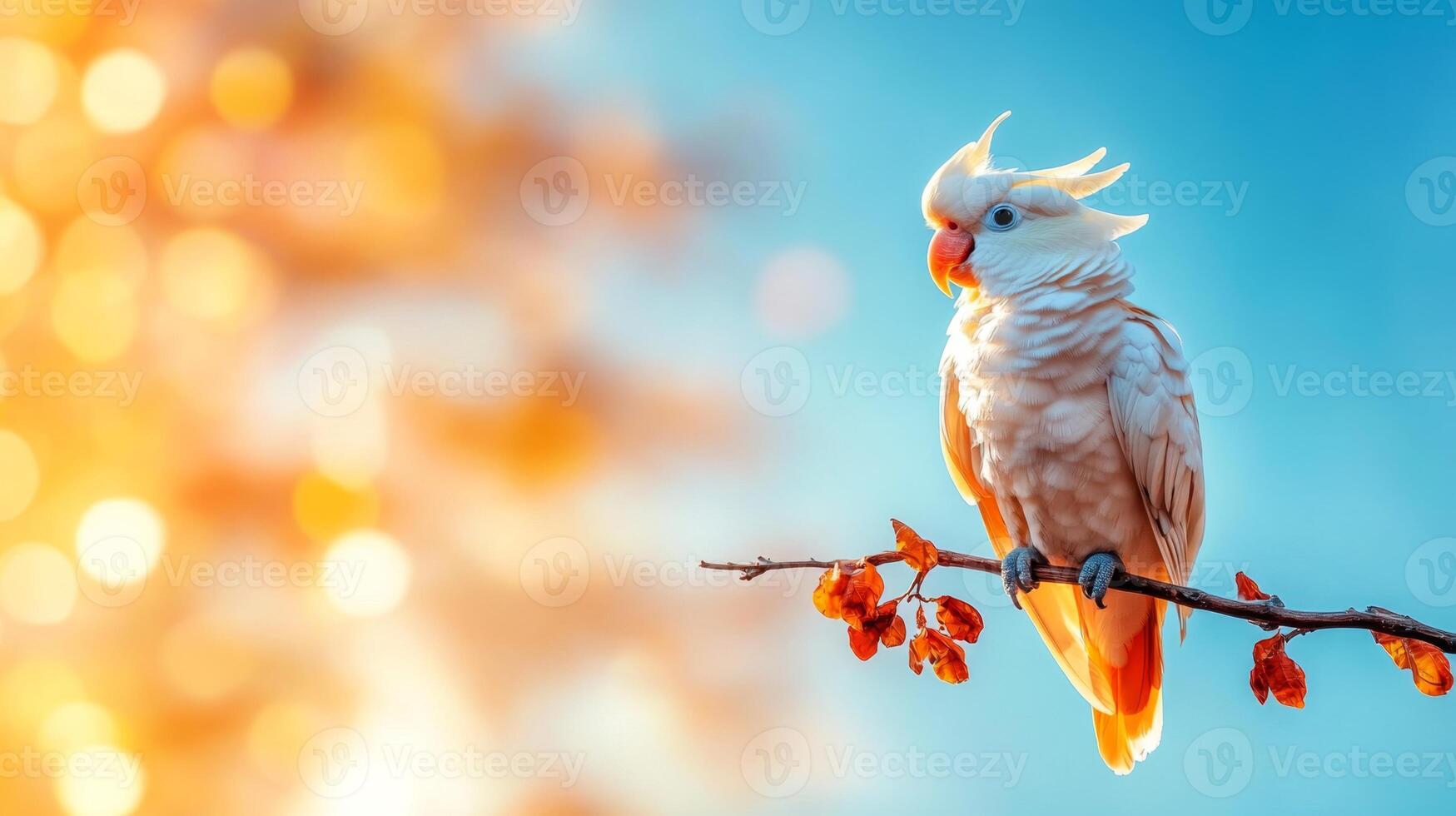 A colorful parrot is perched gracefully on a branch, surrounded by warm tropical hues. This captivating view showcases the beauty of nature, perfect for a serene vacation atmosphere. photo
