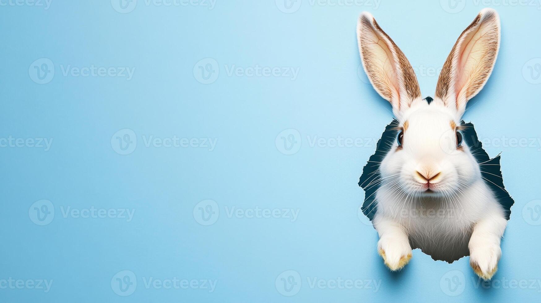 A lively Easter bunny breaks through a vibrant blue backdrop, showcasing its fluffy white fur and long ears. This whimsical moment captures the spirit of joy associated with Easter celebrations. photo
