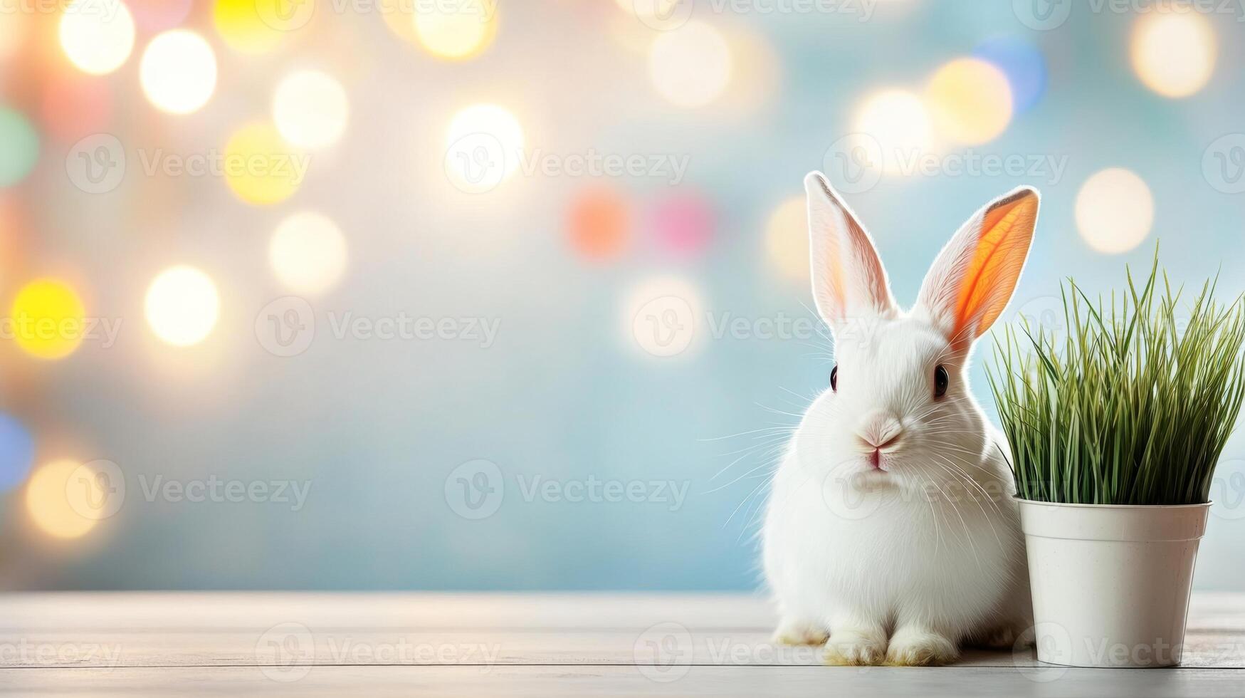 A cute white bunny with pink ears poses beside a small pot of fresh grass. The vibrant background features colorful lights, giving a festive feel perfect for Easter celebrations. photo