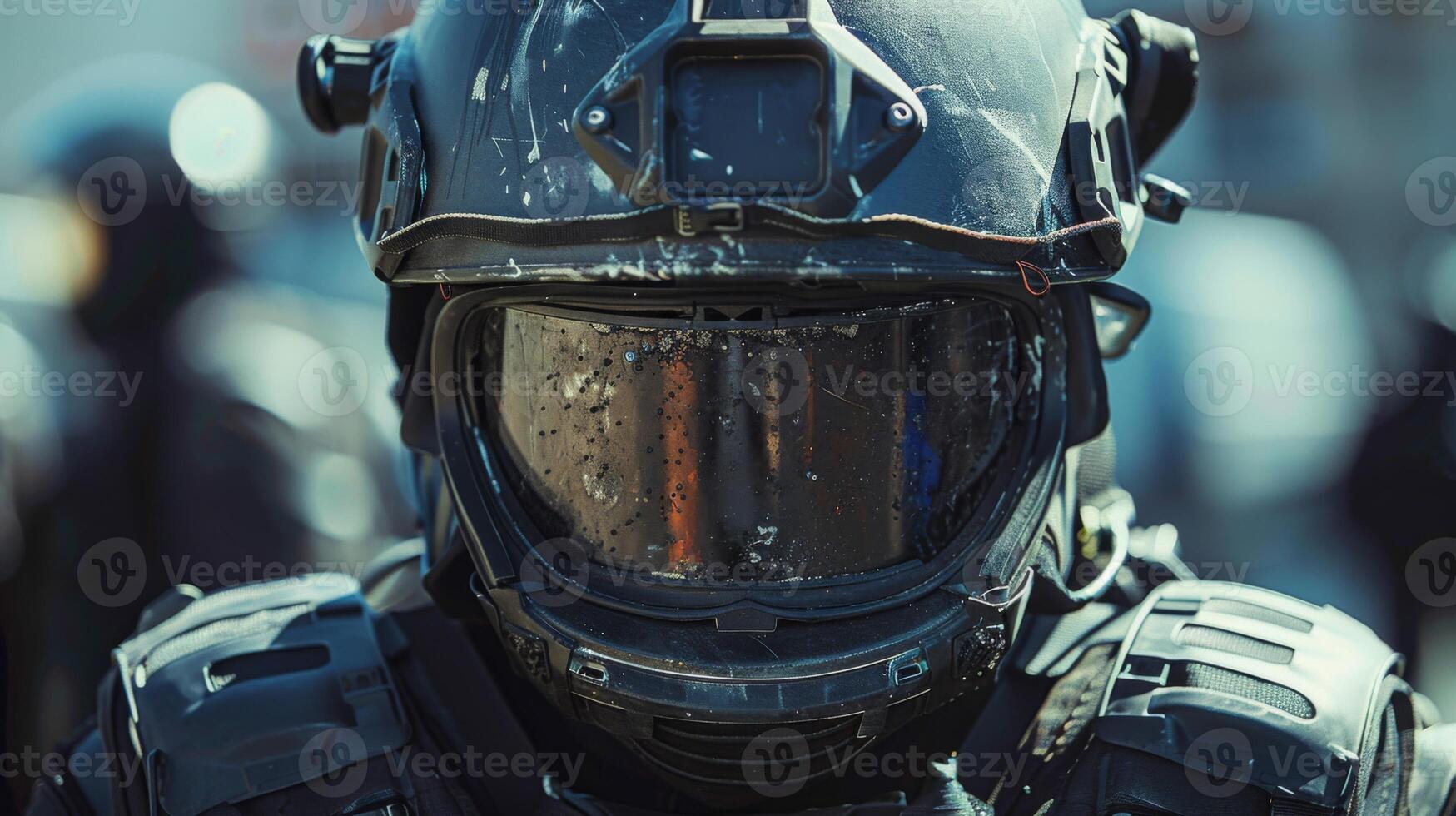 A soldier wearing a sleek helmet and protective gear stands in focus, showcasing a weathered visor and tactical attire amidst a group engaged in a training exercise outdoors in daylight. photo