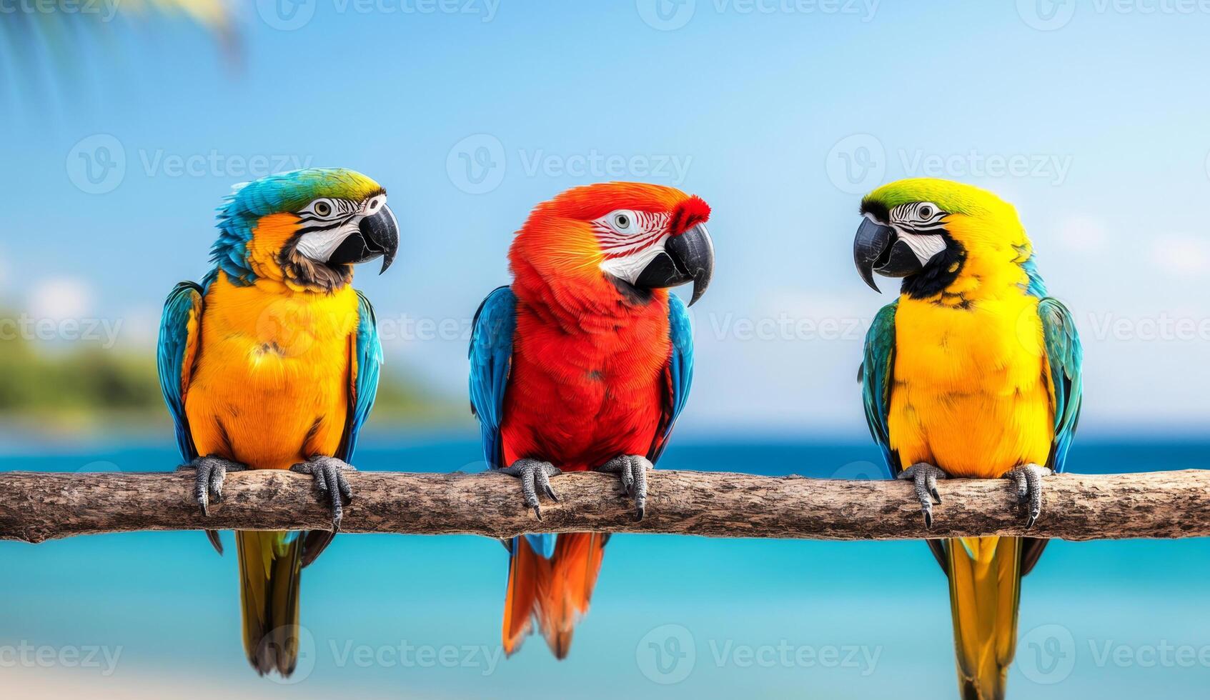 Three vibrant macaws display their striking feathers while resting on a branch above the clear blue ocean. The tropical setting offers a serene backdrop perfect for a relaxing vacation. photo