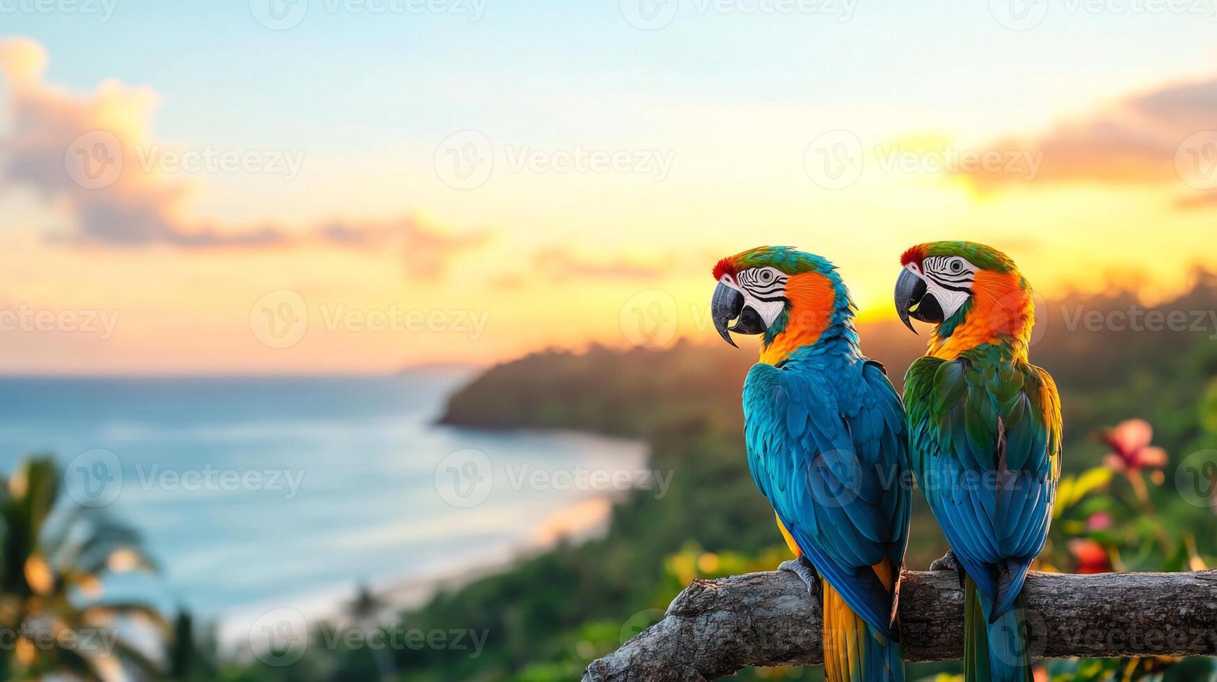 Two vibrant macaws perch on a branch overlooking a serene tropical ocean during sunset. The warm colors of the sky reflect on the water, creating a picturesque vacation atmosphere. photo