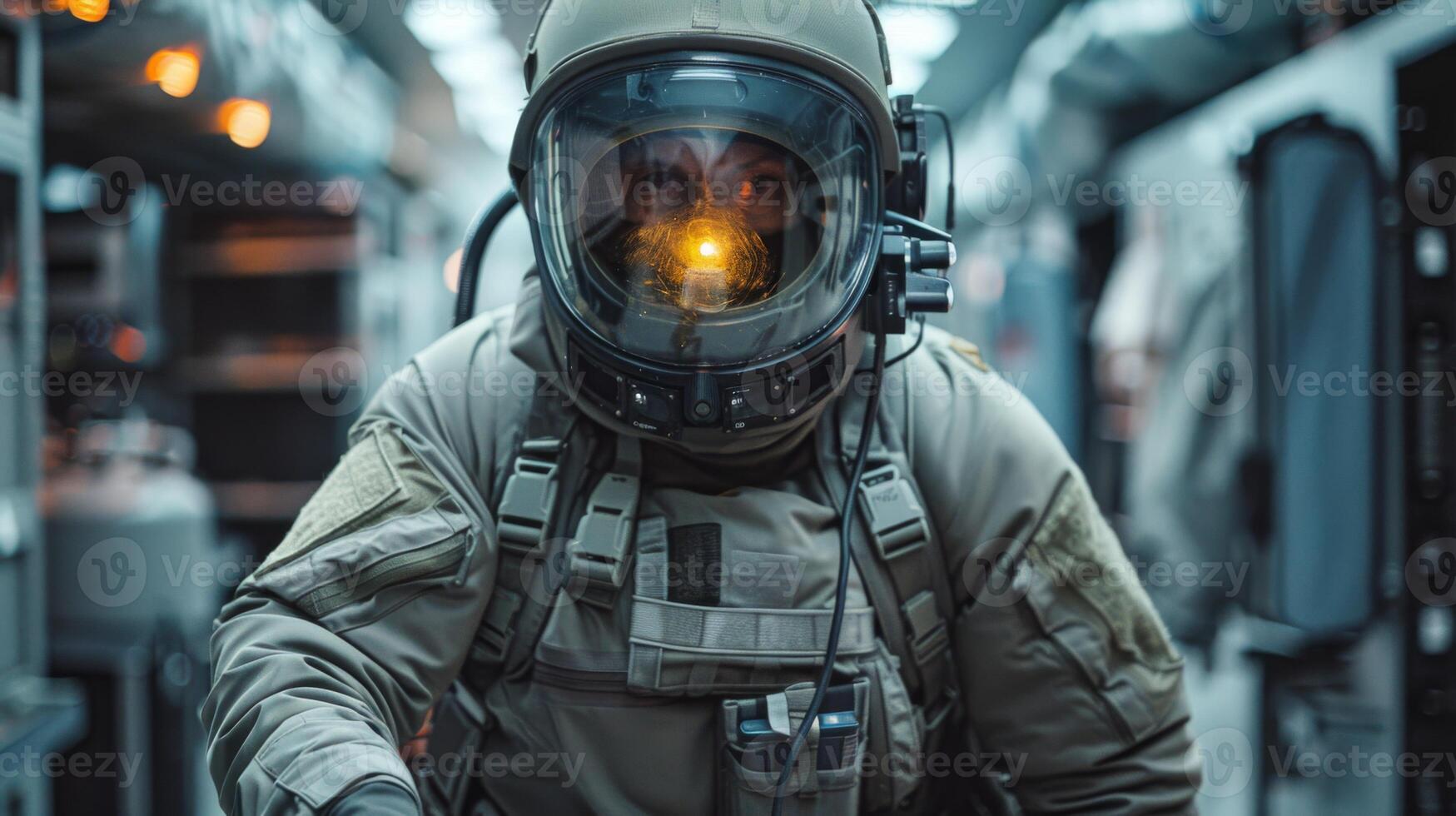 A space explorer dressed in an advanced protective suit is preparing for a mission inside a futuristic spacecraft, surrounded by high tech equipment and bright lights. photo