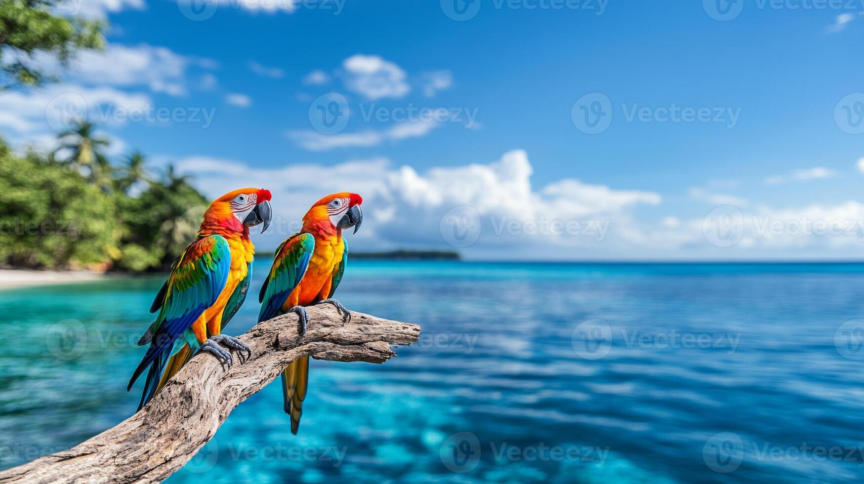 Two vibrant macaws are perched on a branch, surrounded by lush tropical scenery and the stunning blue ocean. The serene waters reflect the clear sky, inviting relaxation and vacation vibes. photo