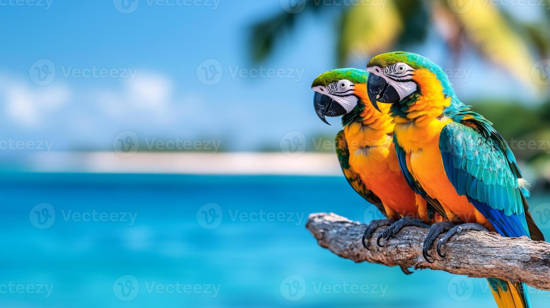 Two vibrant macaws rest on a branch above the turquoise waters of a tropical beach. Lush palm trees sway gently under the warm sun, creating a serene vacation atmosphere. photo