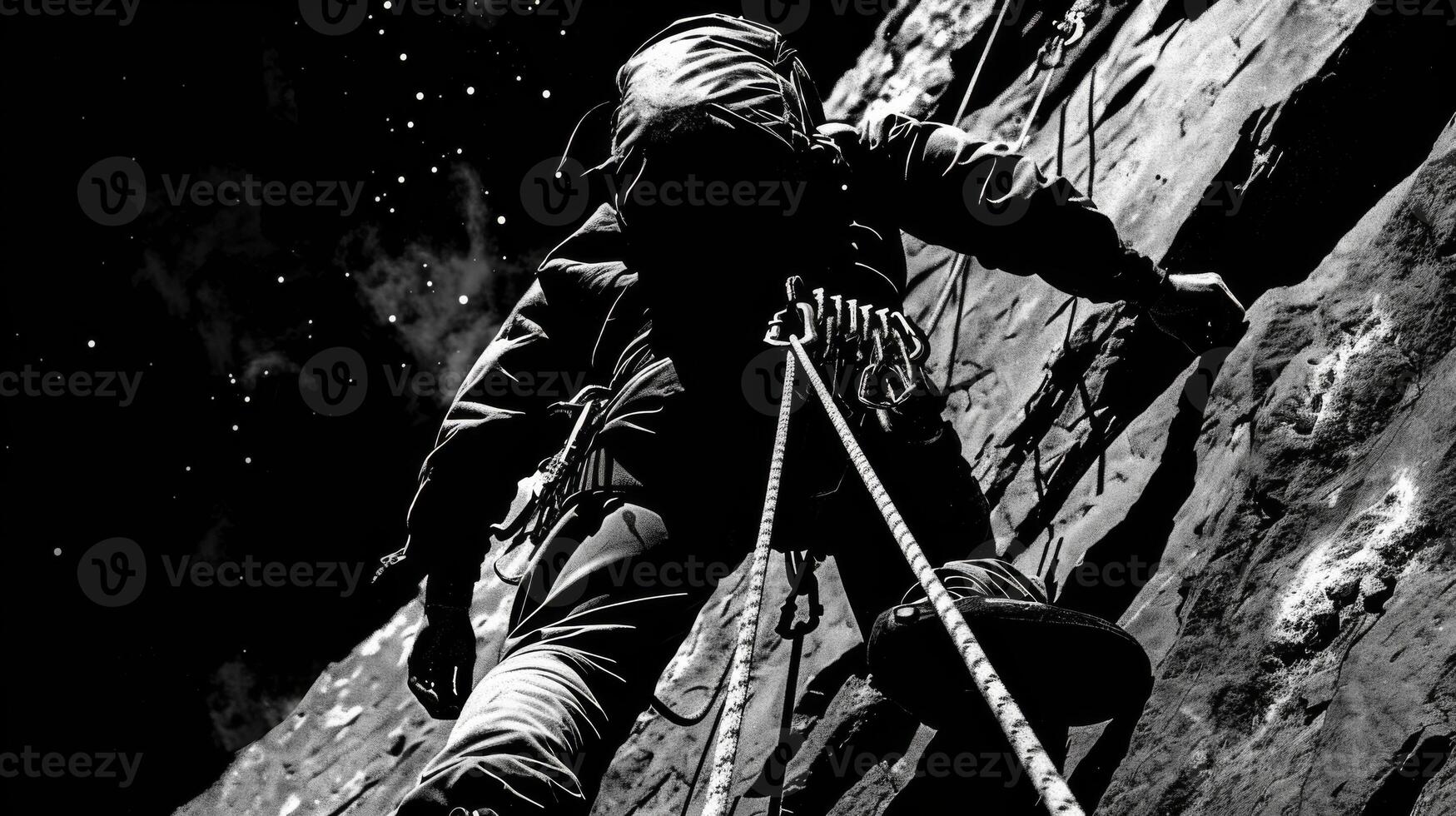 A determined climber navigates a steep rock face, using ropes for support while surrounded by the beauty of a starry night. The wilderness offers a stunning yet demanding backdrop. photo