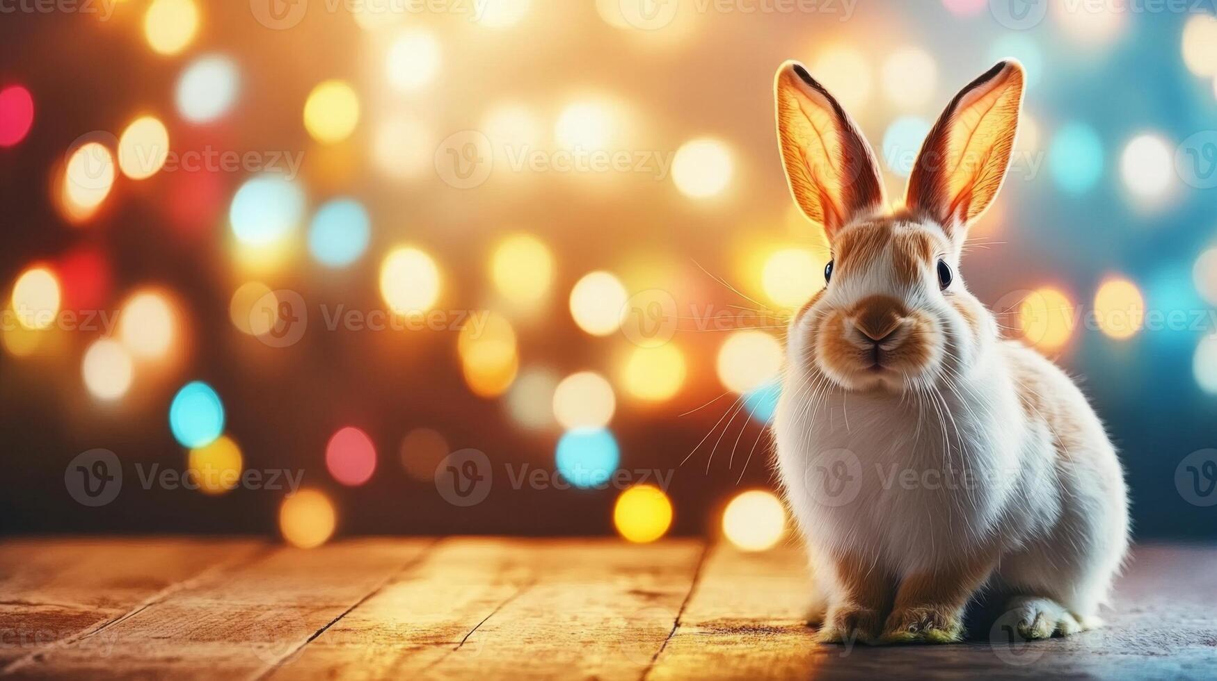 A cute bunny sits on a wooden surface, illuminated by vibrant, colorful lights in the background, creating a cheerful and festive atmosphere perfect for Easter celebrations. photo