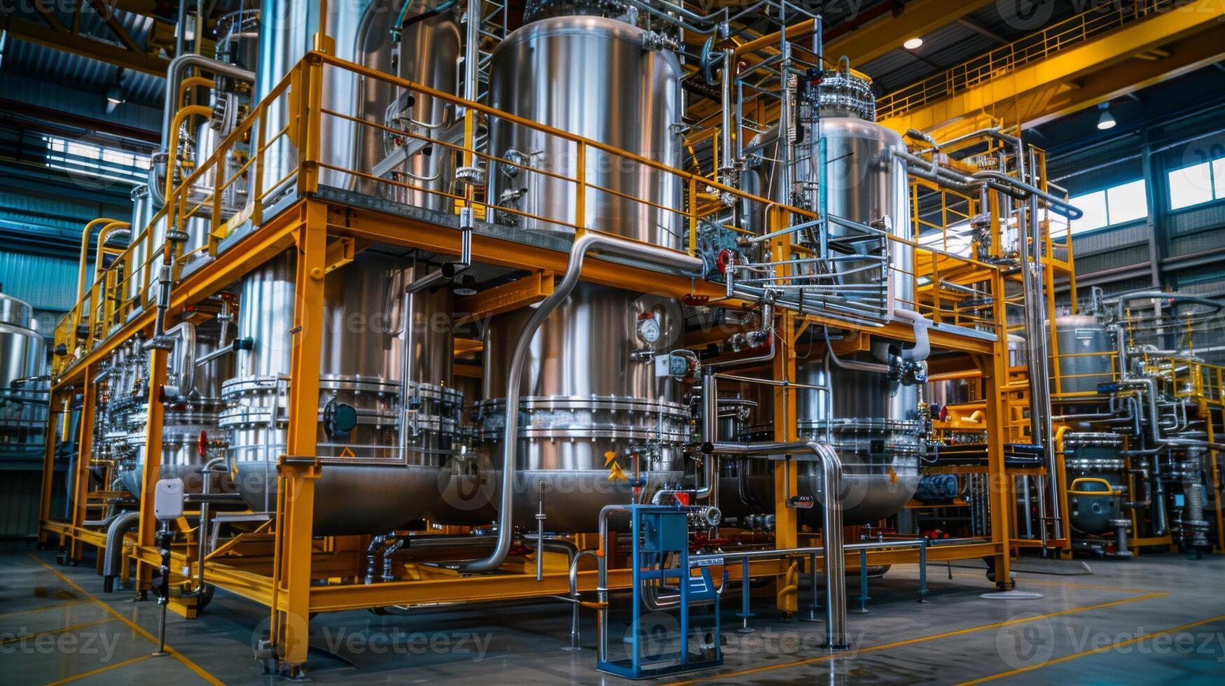 Massive stainless steel vessels and pipes fill an industrial processing facility, showcasing the latest technology and efficiency in a vibrant working environment illuminated by natural light. photo