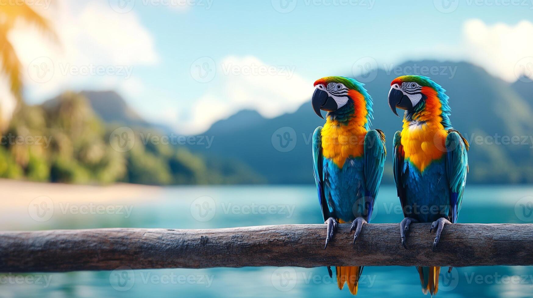 Two vibrant macaws sit close together on a wooden branch by a serene tropical ocean. Lush green hills and a clear sky create a perfect backdrop for a vacation paradise. photo