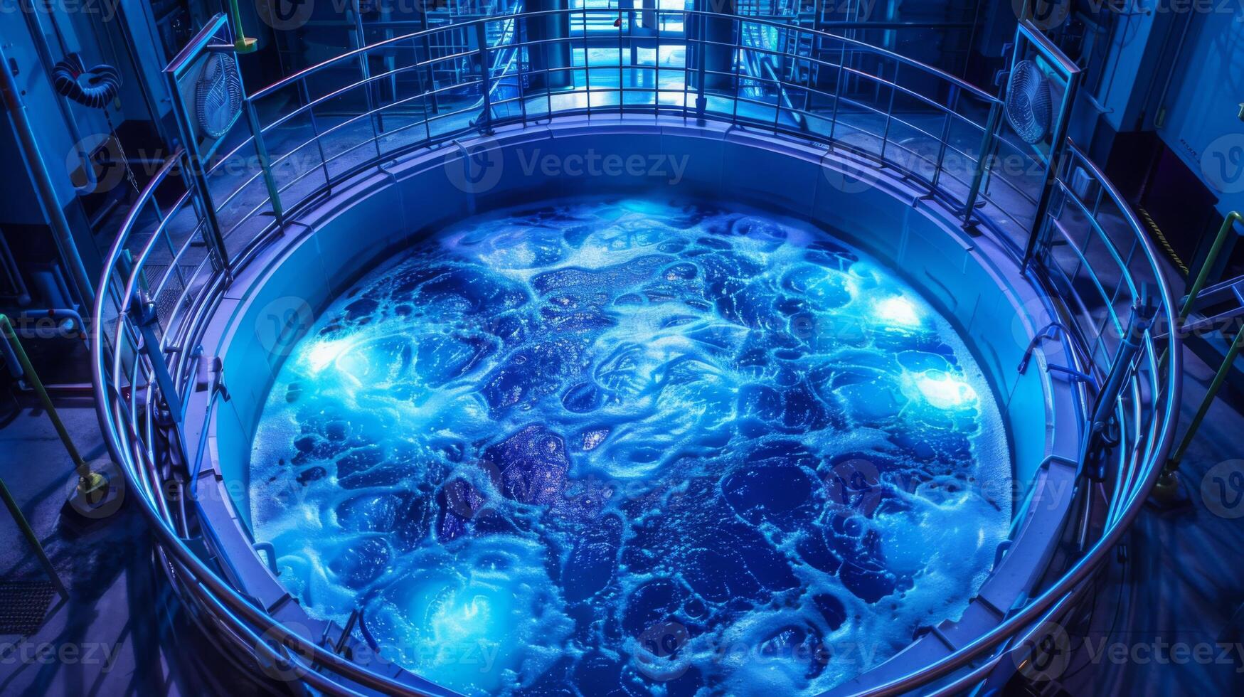 A circular chamber of vibrant blue water swirls and bubbles under soft lighting, creating a unique and tranquil atmosphere in a research facility at night. photo