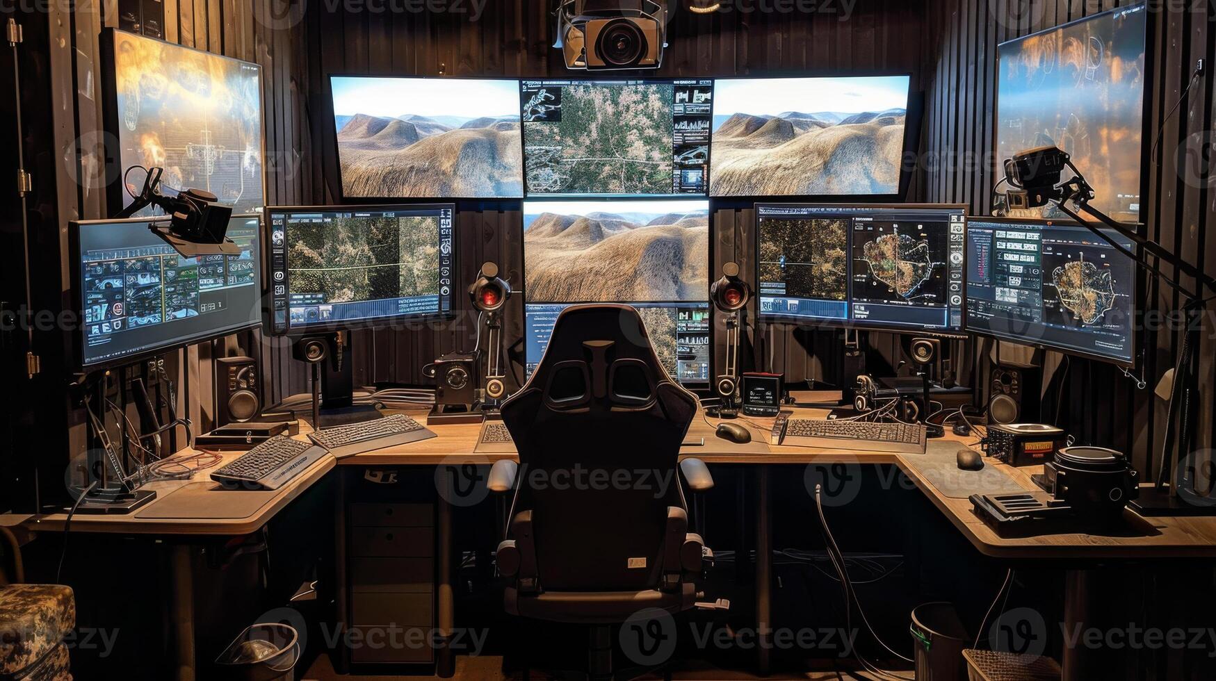 A command center featuring several large screens displaying various maps and graphics. photo